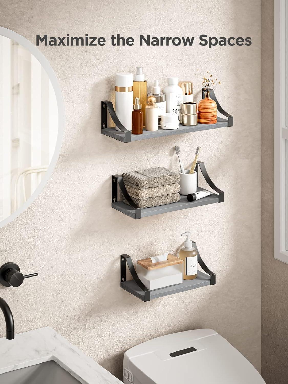 Gray Wood Floating Accent Shelves with Black Metal Brackets, Set of 3