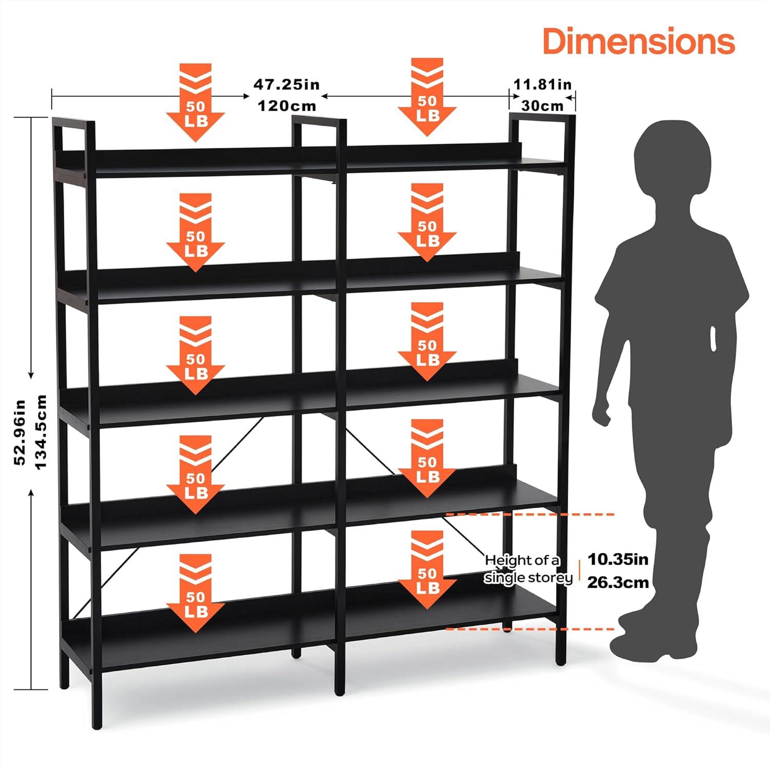 Black Metal and Particle Board 5-Tier Tall Bookshelf