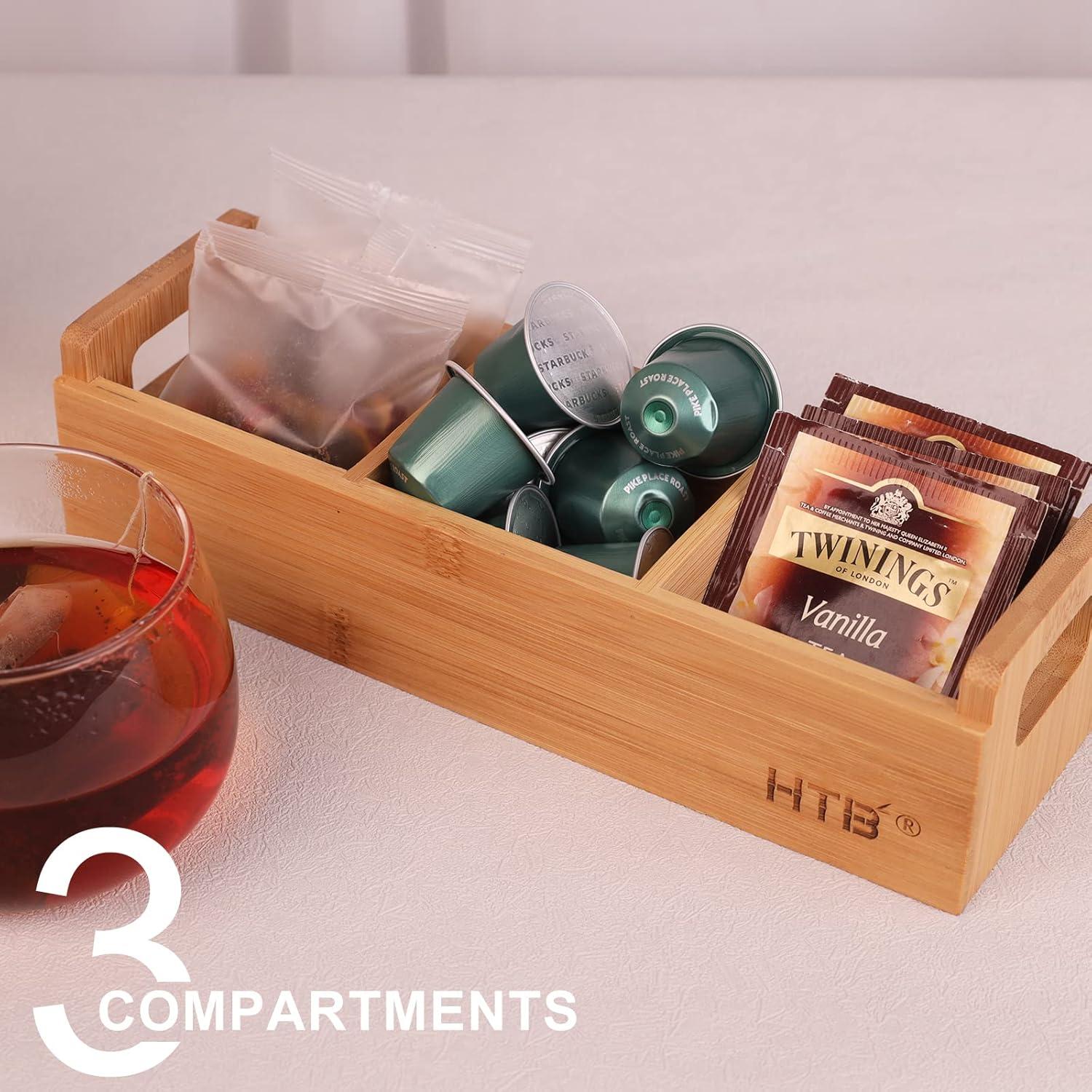 HTB Small Tea Bag Holder Pack of 2, Bamboo Tea Organizer 3 Compartments for Beverage Suppliers, Sweeteners, Individual Packets, Portable Tea Bag Organizer for Home Kitchen Counter or Office