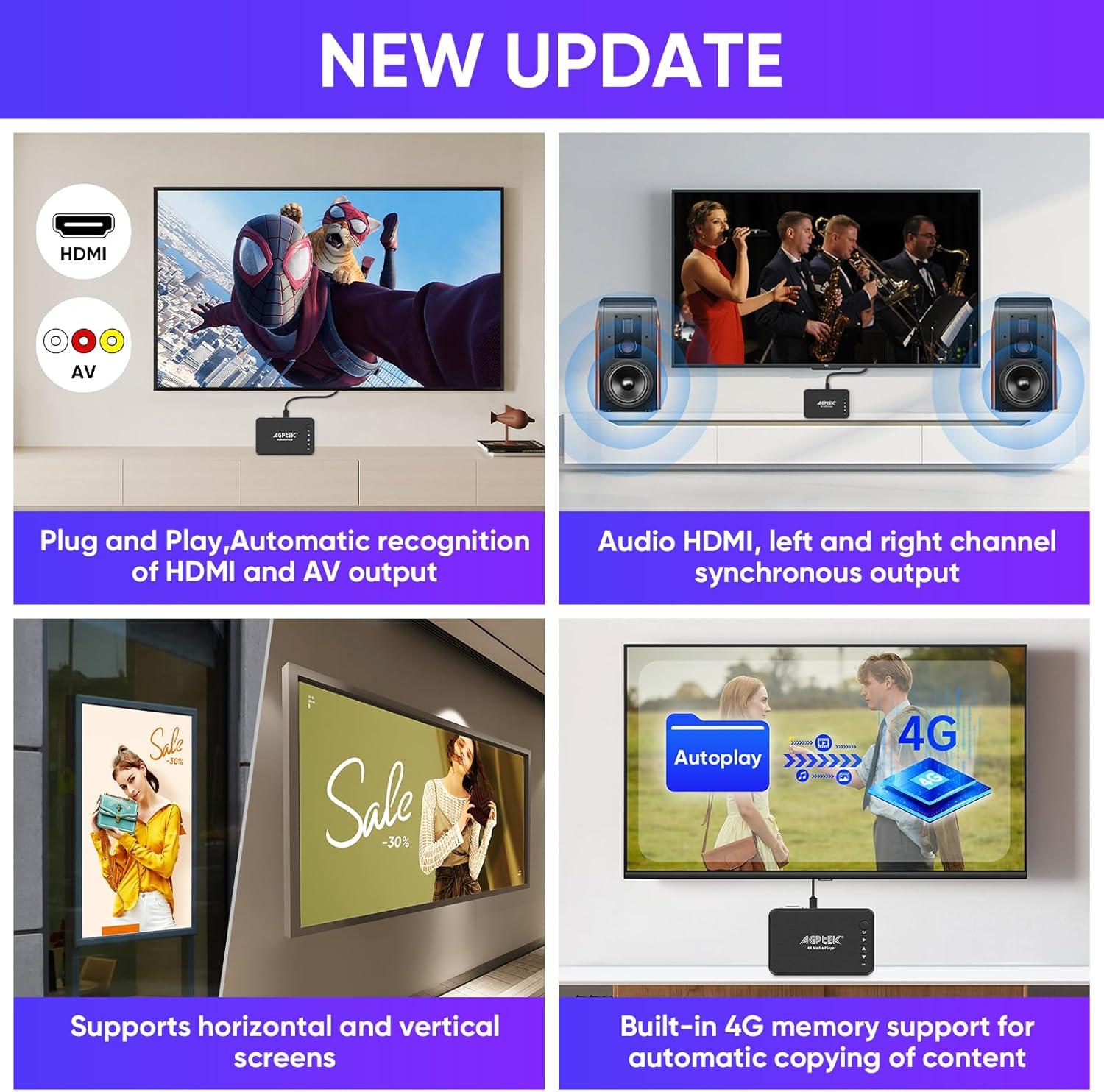 AGPTEK Updated 4K@30hz HDMI TV Media Player with HDMI/AV/VGA Output, Digital MP4 Player for 14TB HDD/ 256G USB Drive/SD Card/H.265 MP4, with Remote Control for MP3 AVI RMVB MPEG etc