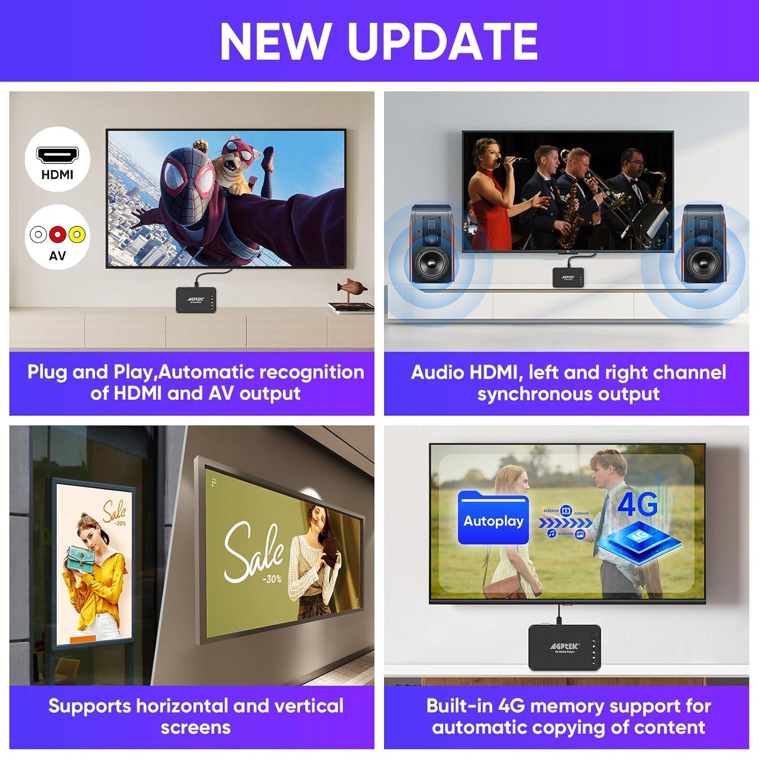 AGPTEK Updated 4K@30hz HDMI TV Media Player with HDMI/AV/VGA Output, Digital MP4 Player for 14TB HDD/ 256G USB Drive/SD Card/H.265 MP4, with Remote Control for MP3 AVI RMVB MPEG etc