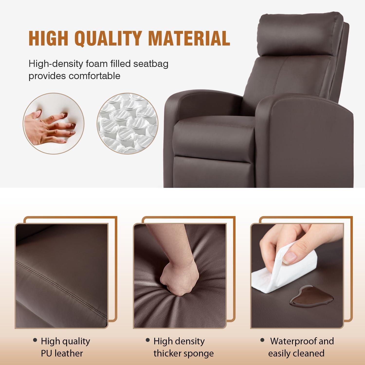 FDW Wingback Recliner Chair Leather Single Modern Sofa Home Theater Seating for Living Room