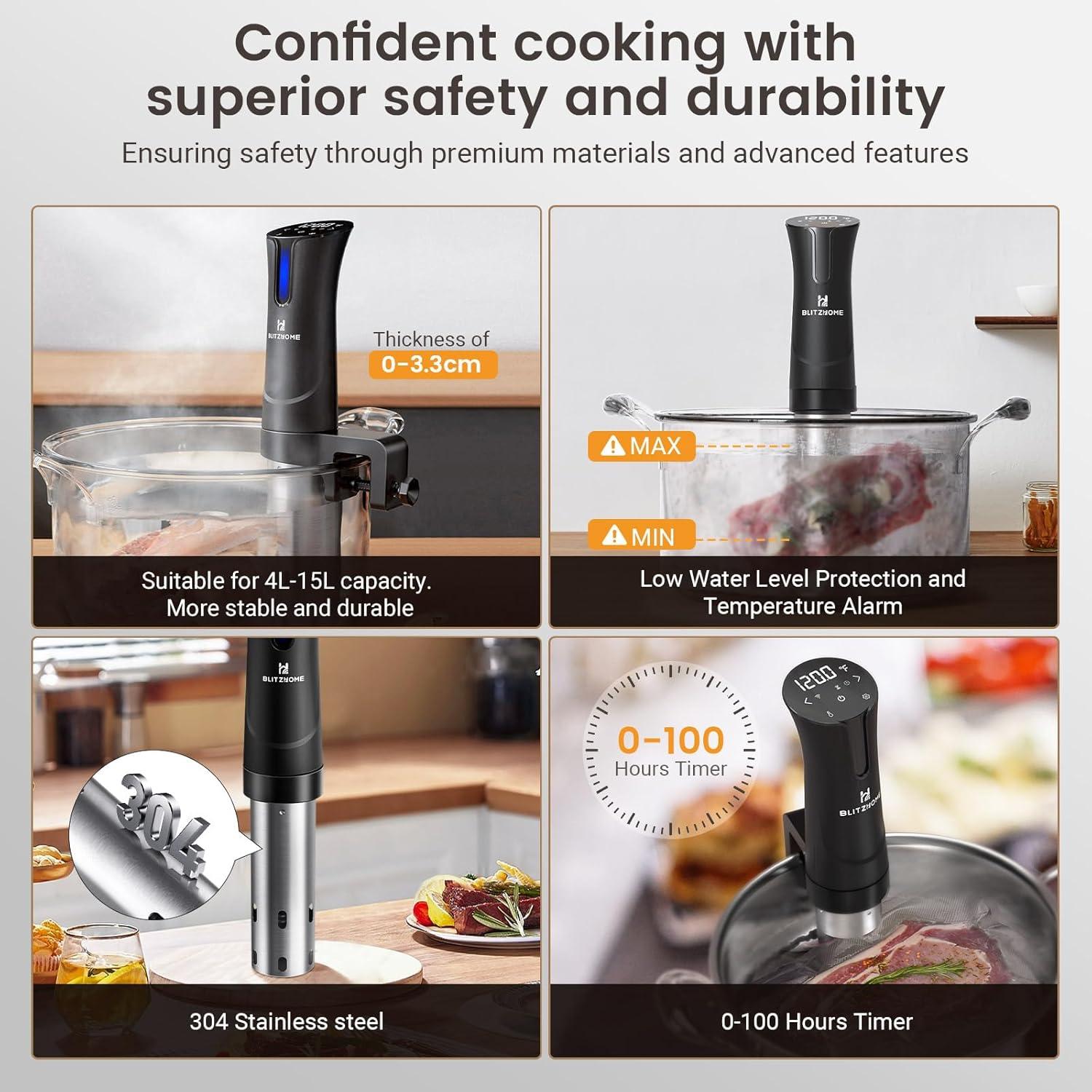 BlitzHome 1100W Sous Vide Cooker with Temperature Setting, Timer, Breath Light Reminder Function