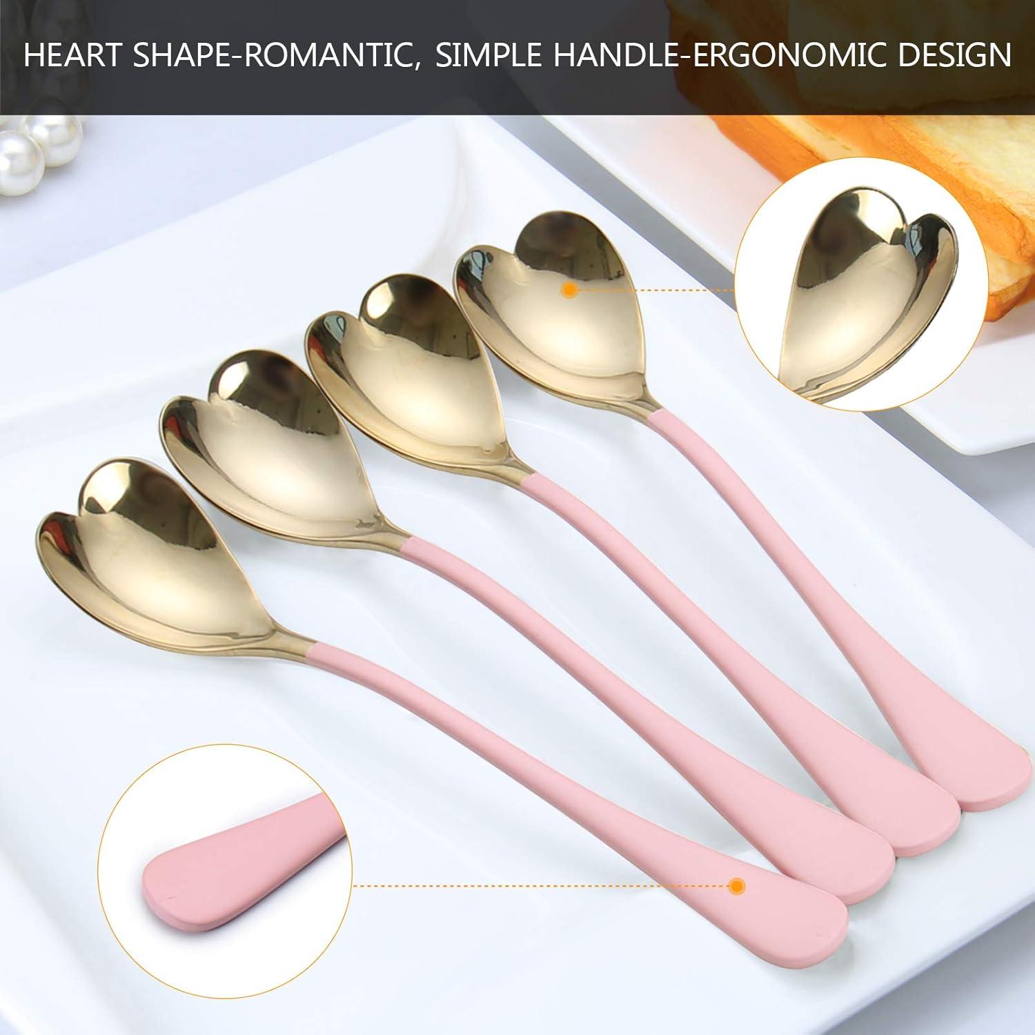 4 Pieces Dessert Spoons, 6.7 inches,Pink Heart Shaped, 18/10 Stainless Steel Ice Cream Spoons