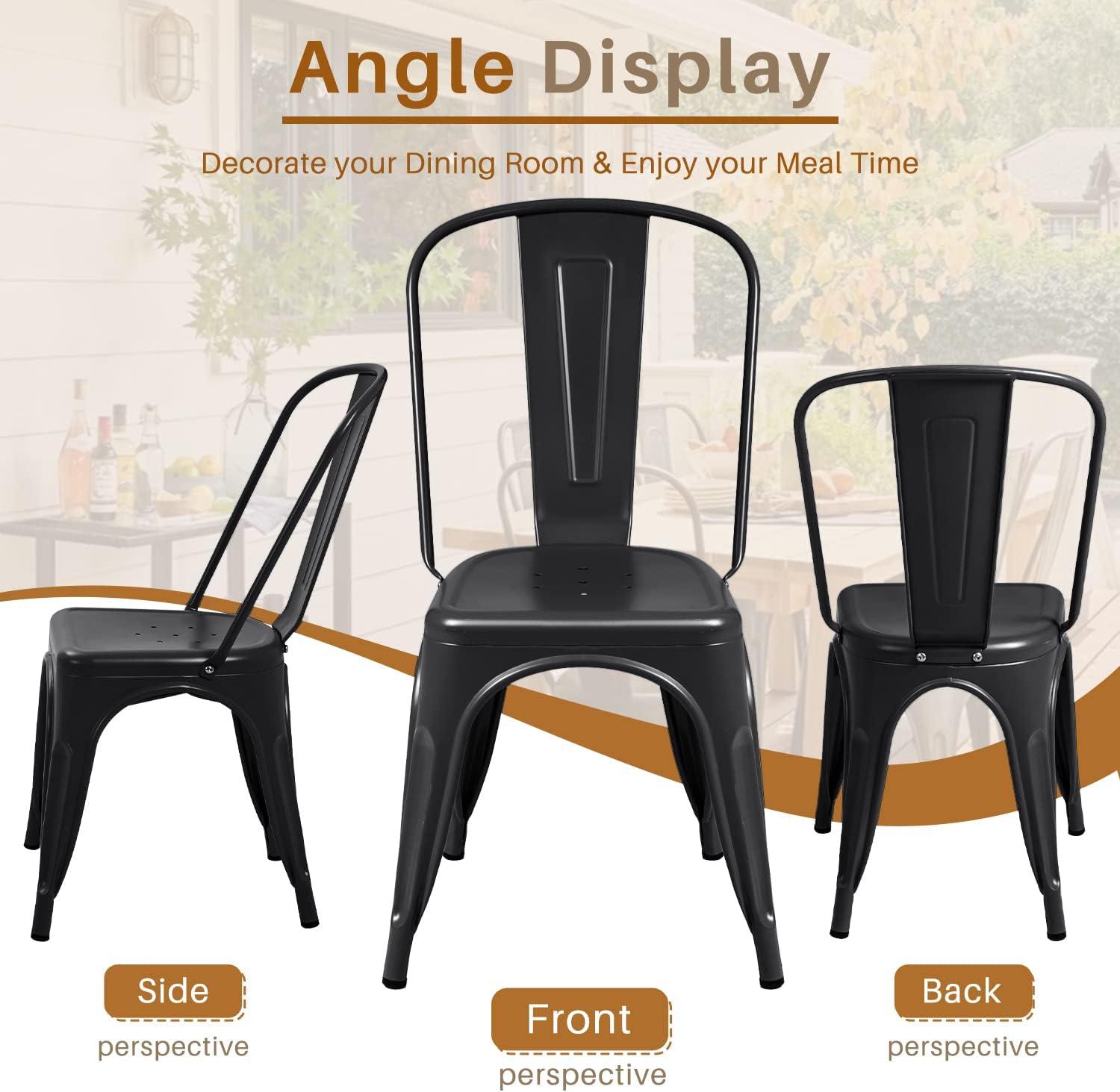 Iron Metal Dining Chairs Stackable Side Chairs Bar Chairs with Back Indoor/Outdoor Classic/Chic/Industrial/Vintage Bistro Trattoria Kitchen Restaurant Matte Black, Set of 4