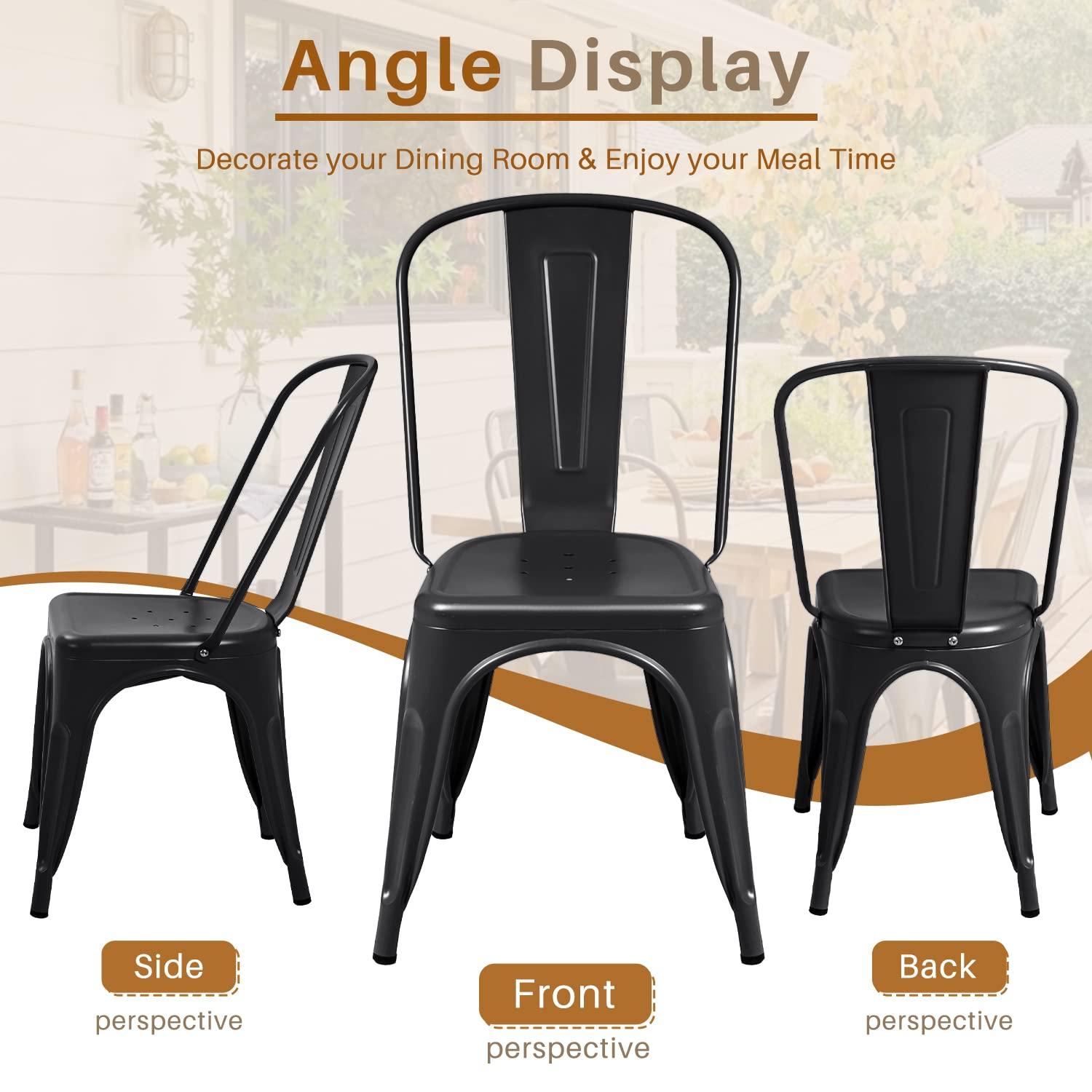 Iron Metal Dining Chairs Stackable Side Chairs Bar Chairs with Back Indoor/Outdoor Classic/Chic/Industrial/Vintage Bistro Trattoria Kitchen Restaurant Matte Black, Set of 4