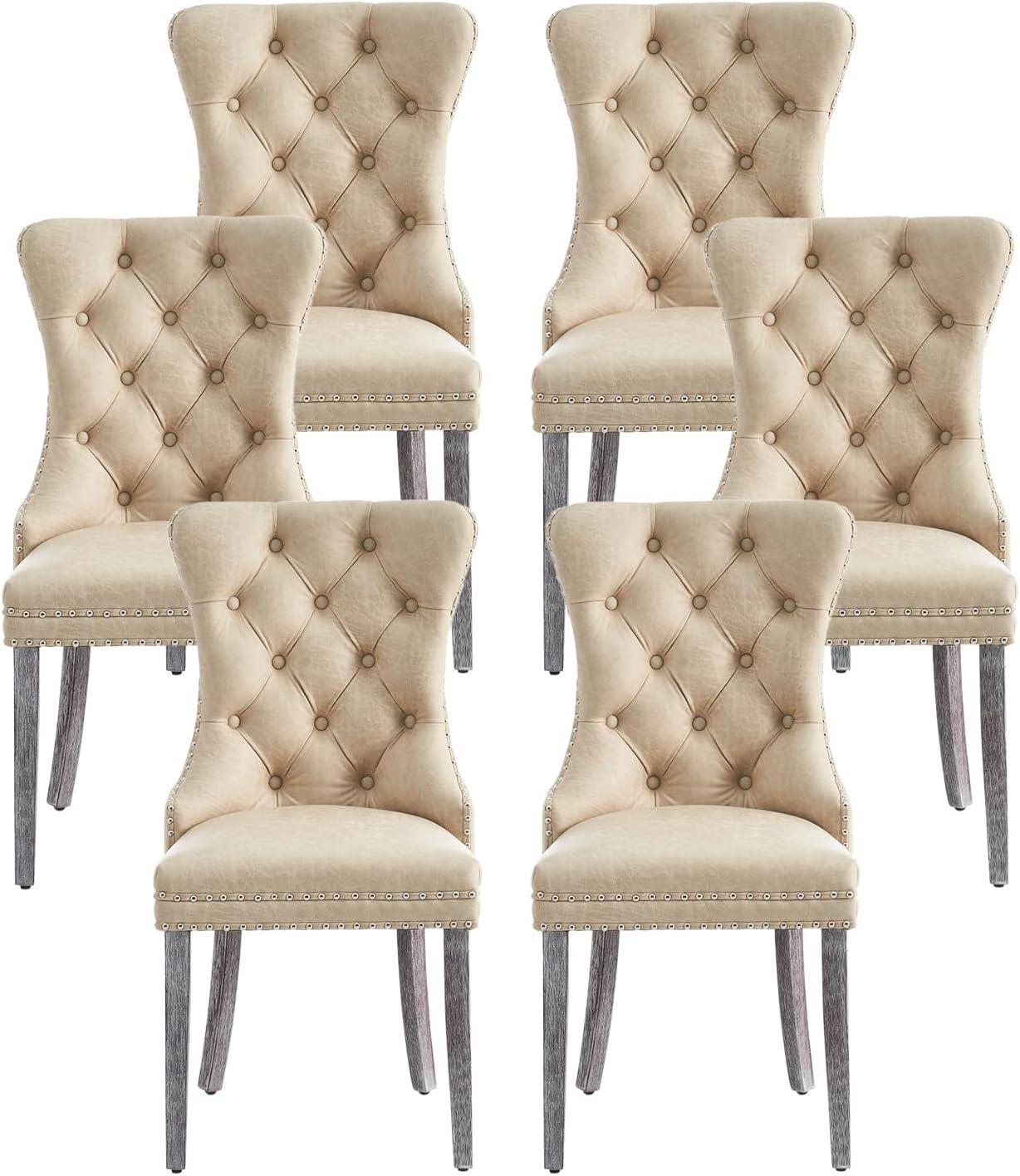 ODUSE-DAILY Beige Velvet Dining Chairs Set of 6, Kitchen & Dining Room Chairs, Tufted Dining Chairs, Fabric Upholstered, Solid Wood, Sillas De Comedor (Beige, 6 Pcs)