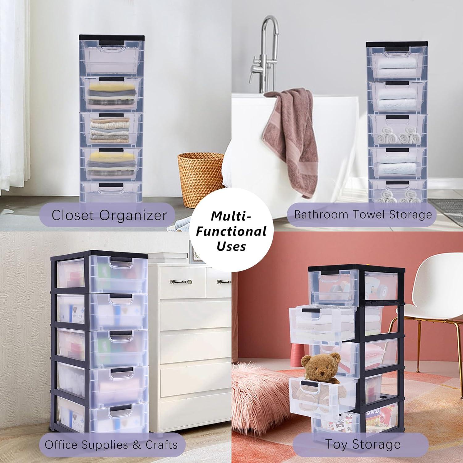 Peakora Plastic drawers dresser with 5 spacious drawers, transparent compartments, sturdy PP material, stackable design, easy to move with wheels, ideal for organizing clothes and accessories