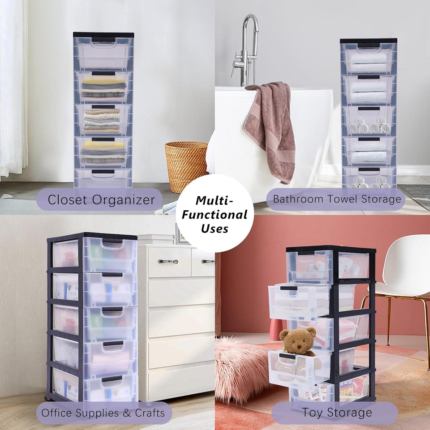 Peakora Plastic drawers dresser with 5 spacious drawers, transparent compartments, sturdy PP material, stackable design, easy to move with wheels, ideal for organizing clothes and accessories