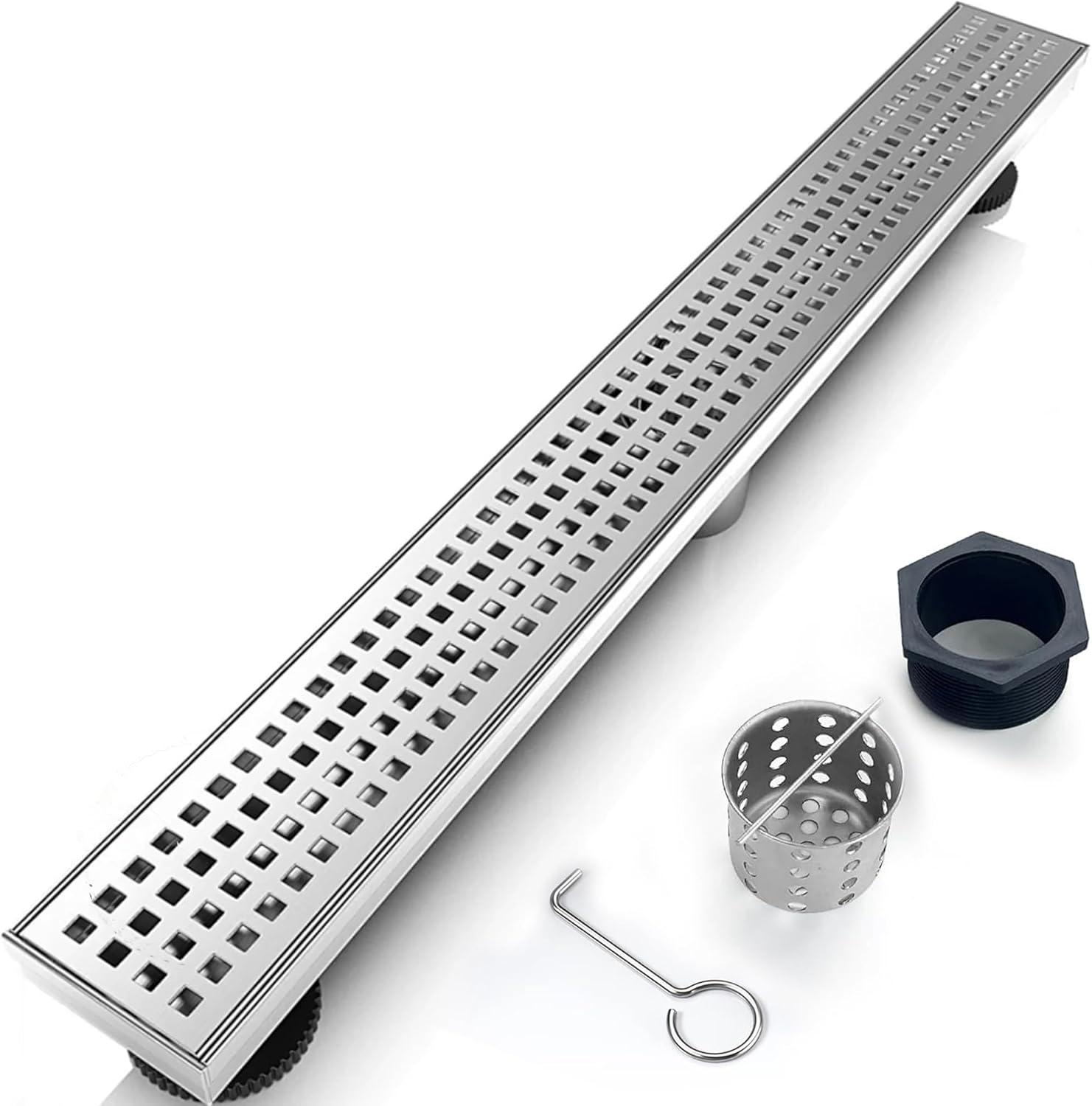 32 Inch Stainless Steel Linear Shower Drain with Square Pattern