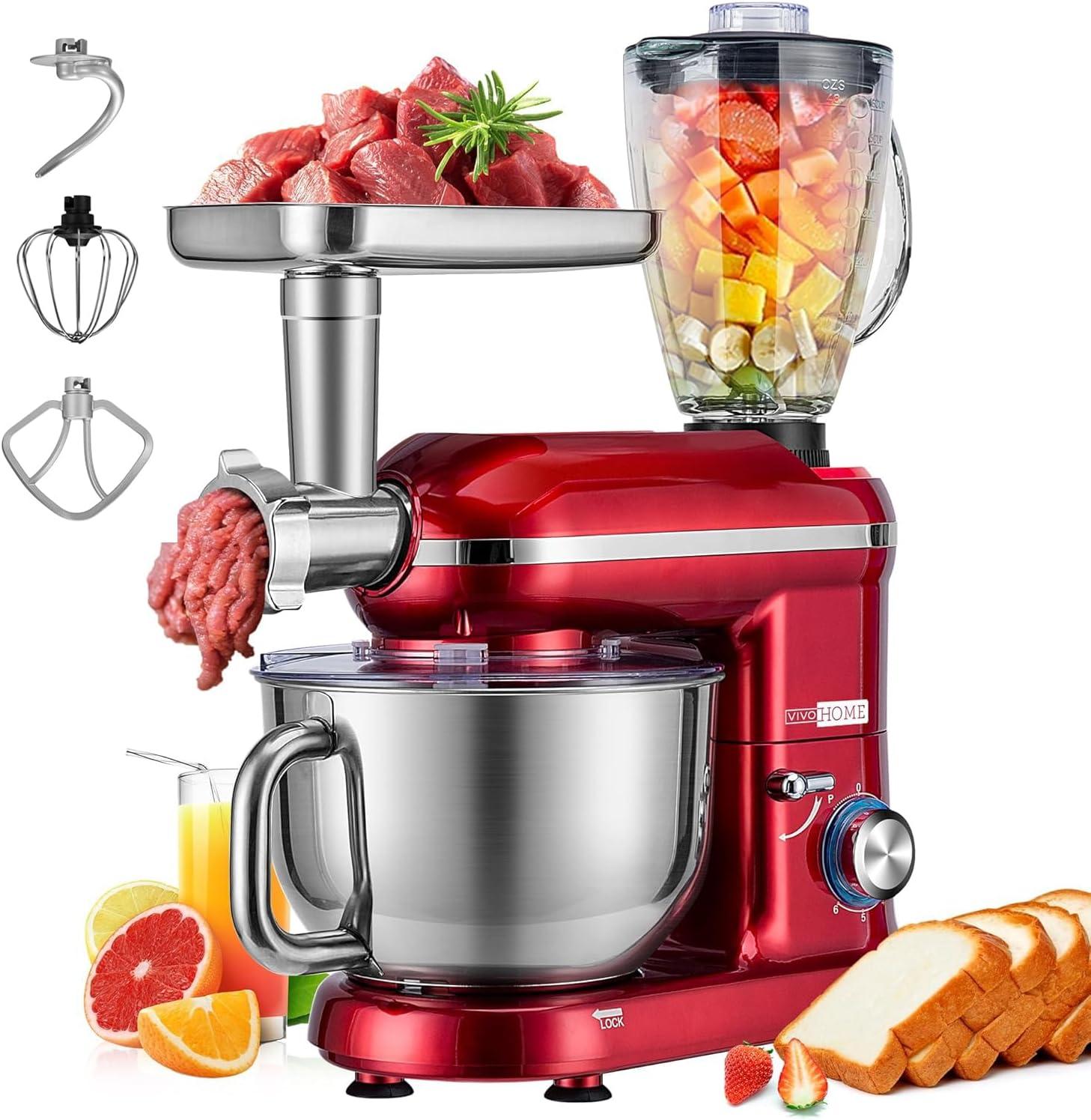 VIVOHOME Red 6 Quart 3-in-1 Stand Mixer with Meat Grinder and Blender