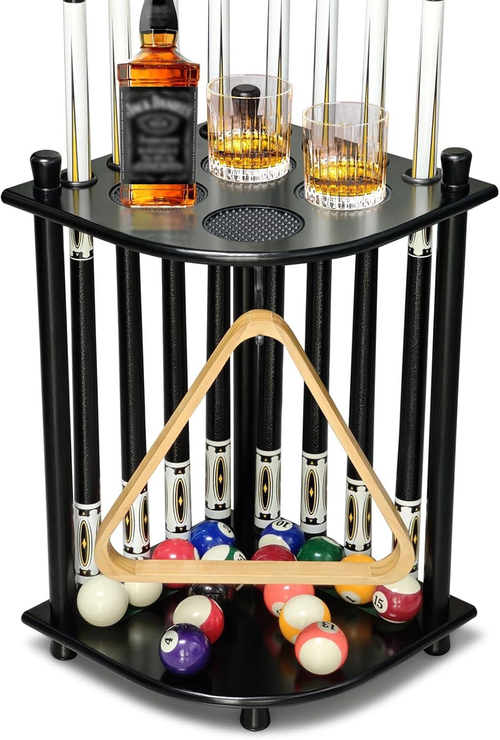Wood Pool Cue Rack Solid Pool Stick Holder,Black Floor Stand Holds 8 Pool Billiard Stick Billiard Cue Racks,Pool Table Accessories for Game Room,Club