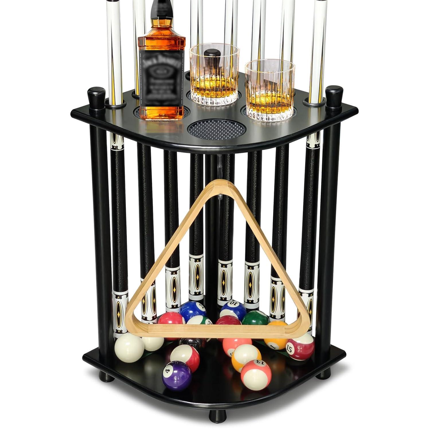 Wood Pool Cue Rack Solid Pool Stick Holder,Black Floor Stand Holds 8 Pool Billiard Stick Billiard Cue Racks,Pool Table Accessories for Game Room,Club