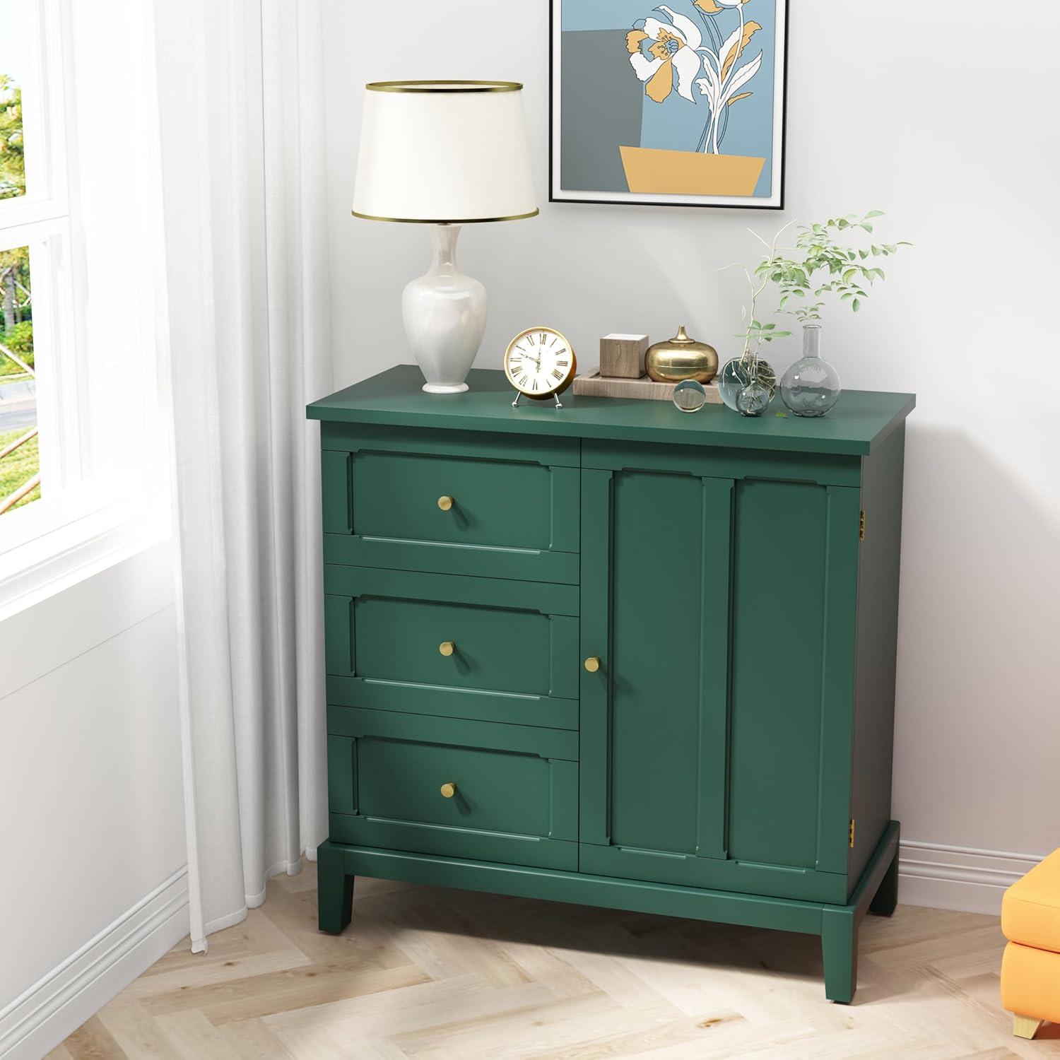 Green Wooden Freestanding Office Accent Cabinet with Drawers and Door