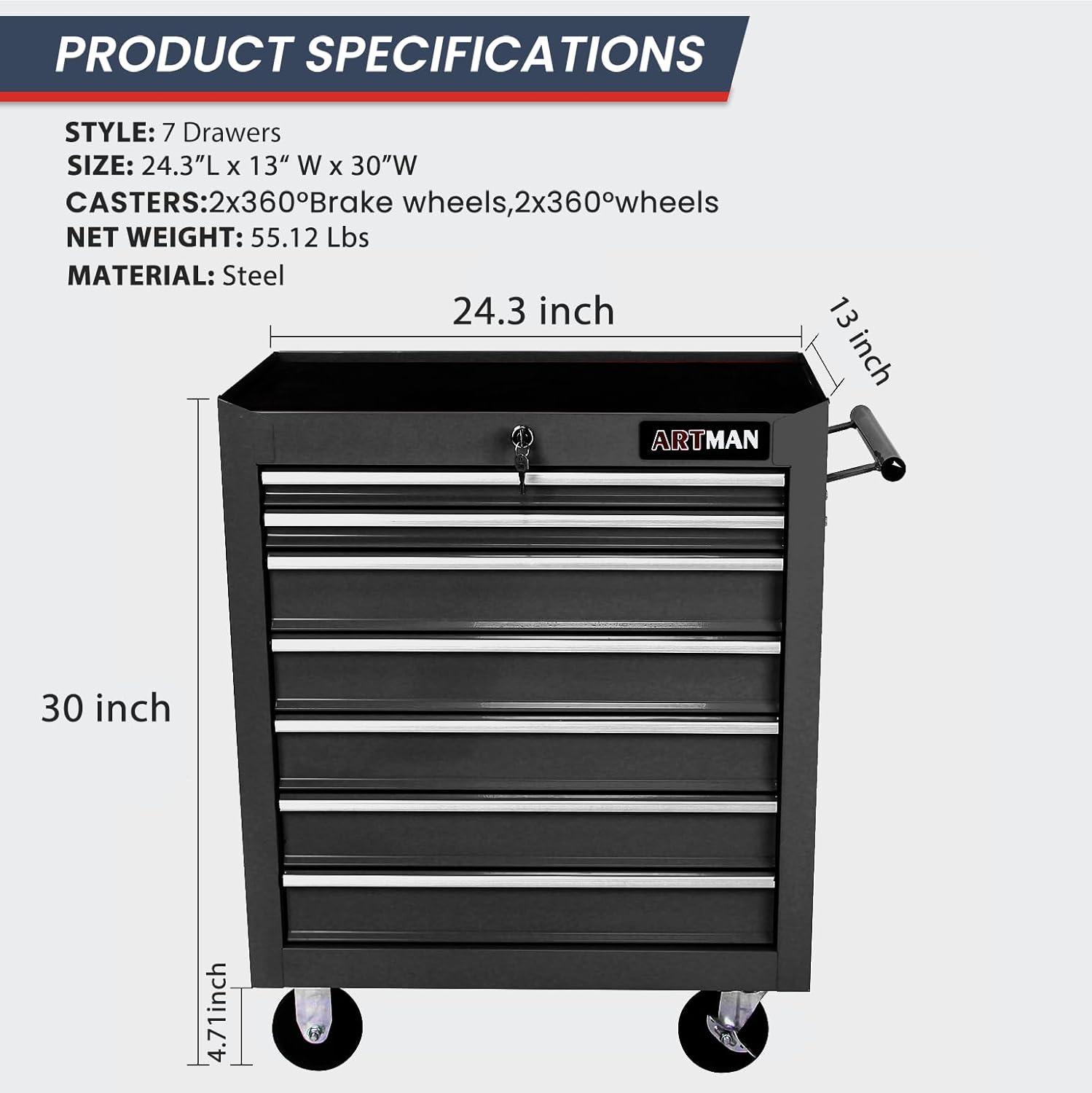 Rolling Tool Chest with 7-Drawer Tool Box with Wheels Multifunctional Tool Cart Mechanic Tool Storage Cabinet for Garage