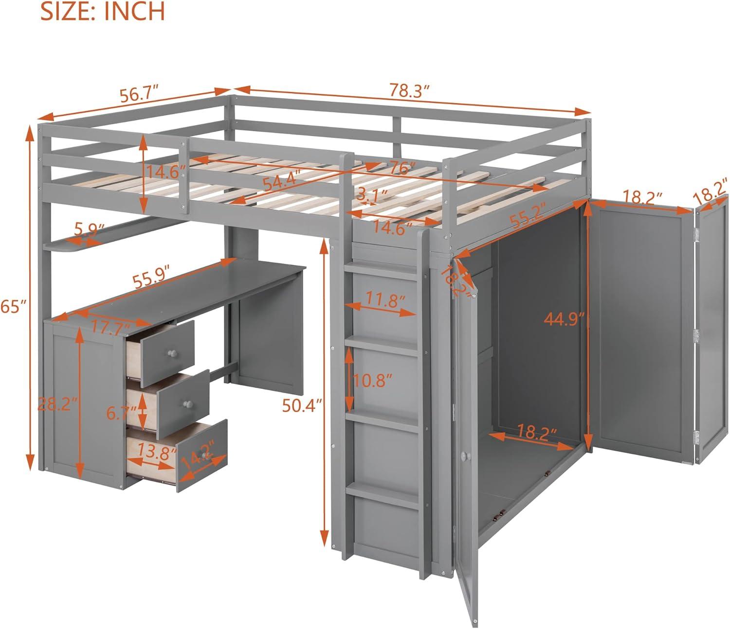 Loft Bed Full Size Adult, Wooden Frame with Desk and Wardrobe, Storage Design with Drawers & Shelf, for Teen Girls & Boys (Gray)