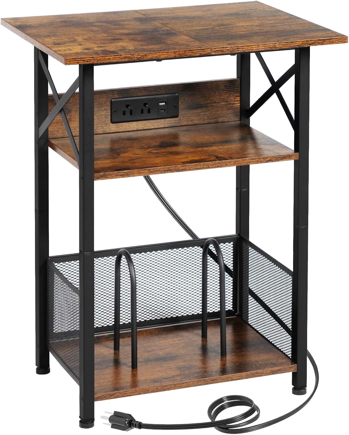 Record Player Stand with Charging Station, Turntable Stand with Storage Cabinet, 3 Tier End Table Hold Up to 100 Albums, Record Stand for Vinyl, Living Room, Rustic Brown