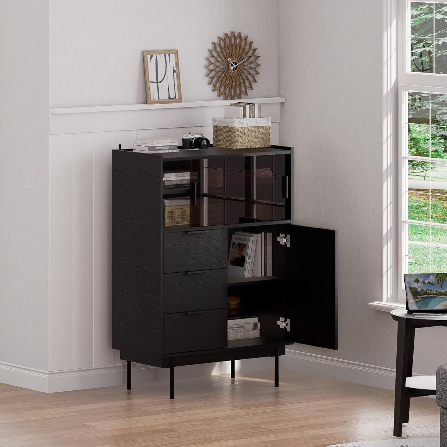 Ebern Designs Ebern Designs Sideboard Anetha, 47" X 31.5" Buffet Anetha With Storage, Black Sideboard With 2 Sliding Doors & 3 Drawers, Wood Coffee Bar Entryway Storage For Living Room