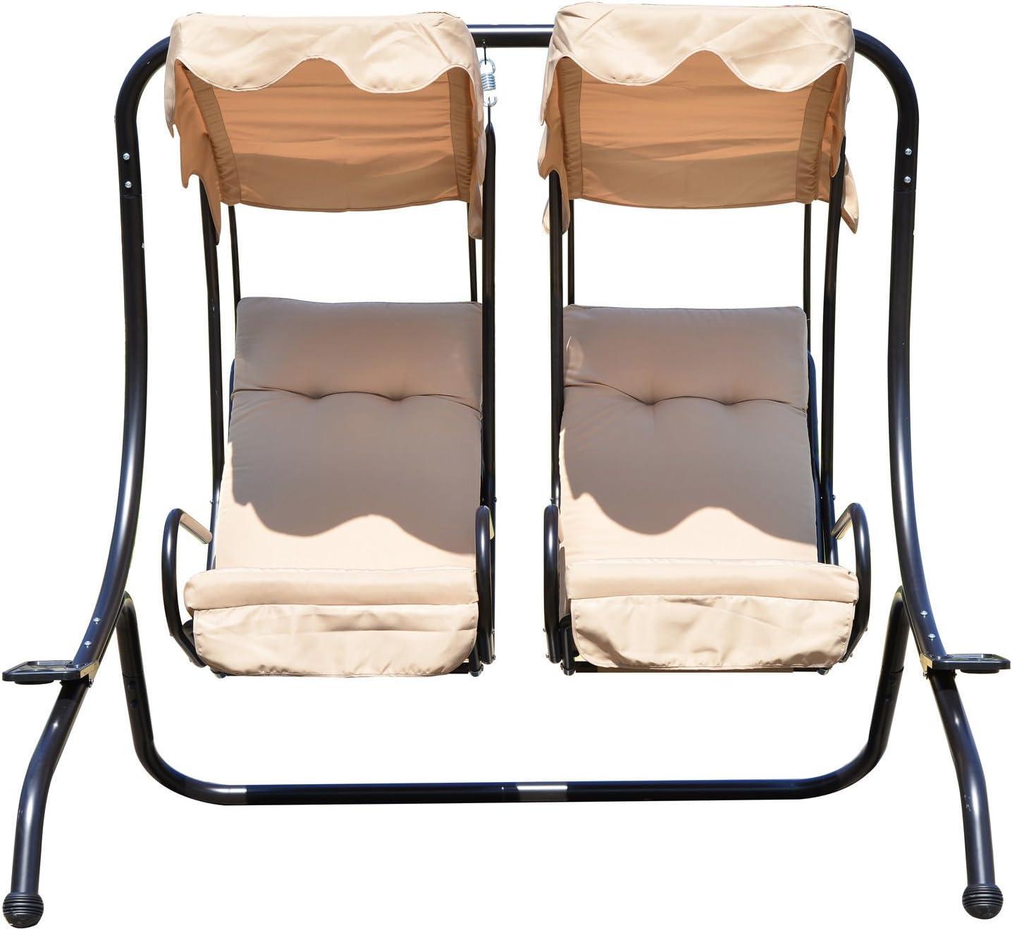 Outsunny Modern 2-Seater Outdoor Patio Swing Chair, Porch Seats with Cup Holder and Removeable Canopy, Beige
