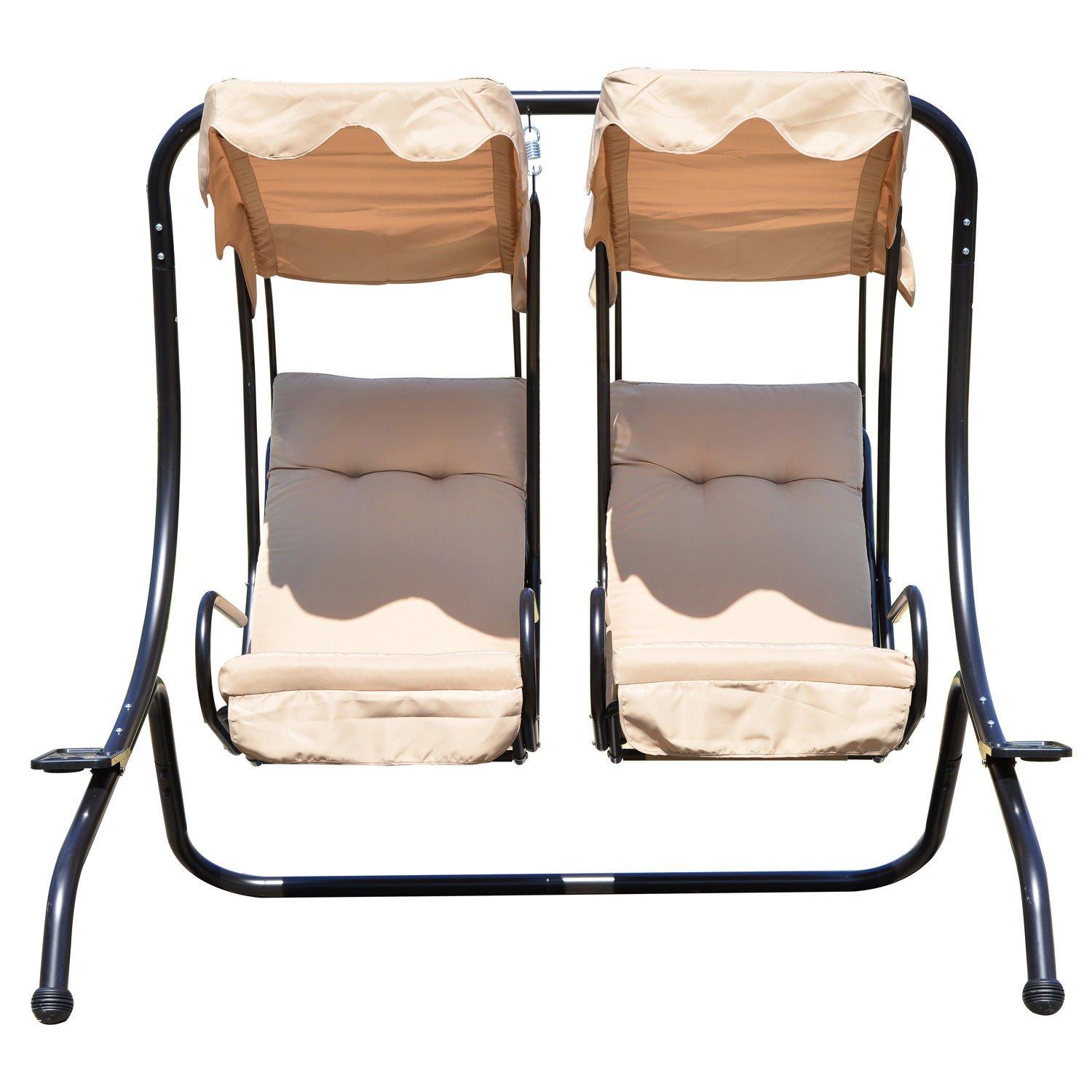 Outsunny Modern 2-Seater Outdoor Patio Swing Chair, Porch Seats with Cup Holder and Removeable Canopy, Beige