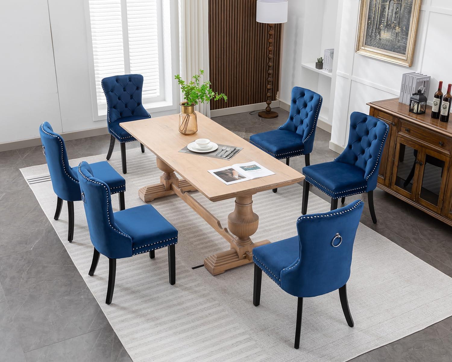 ODUSE-DAILY Velvet Dining Chairs Set of 4, Navy Kitchen & Dining Room Chairs, Tufted Dining Chairs, Fabric Upholstered, Solid Wood, Sillas De Comedor (Blue, 4 Pcs)