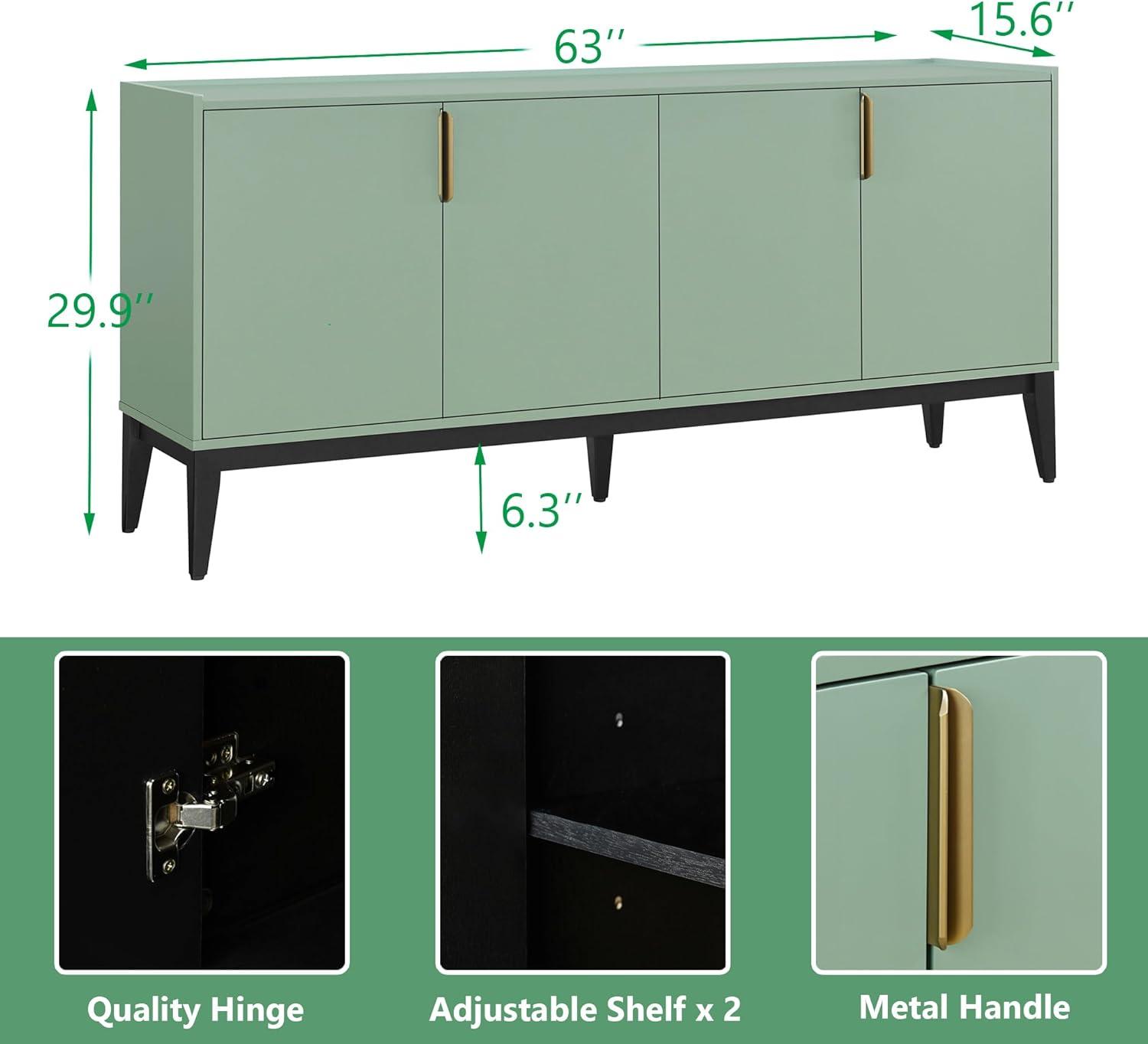 Green MDF and Wood 63-Inch Sideboard Cabinet with Gold Accents