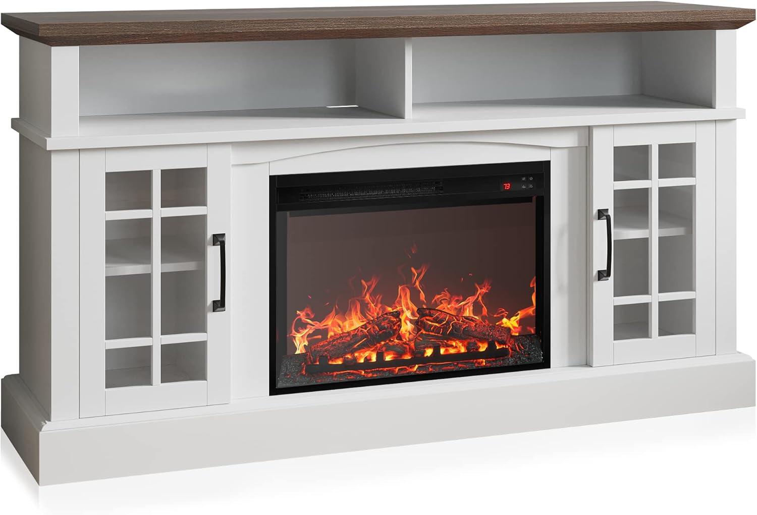 White 58" TV Stand with 23" Electric Fireplace and Storage