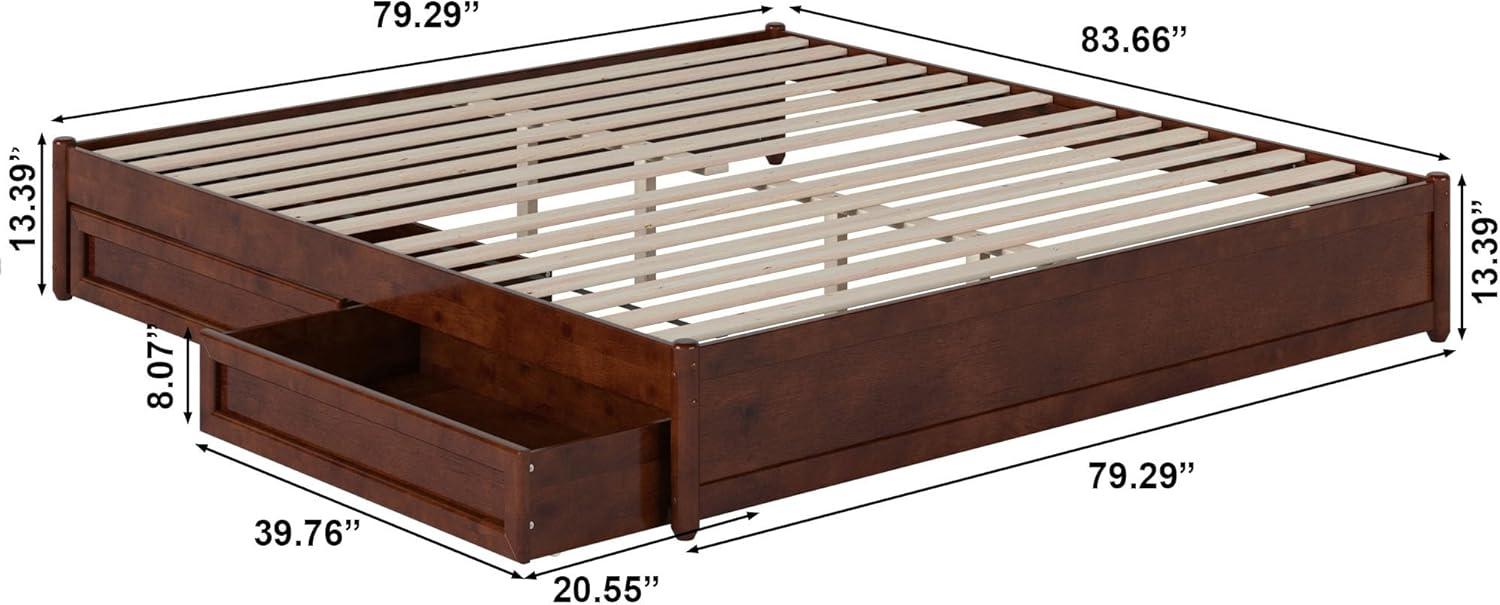 Barcelona King Solid Wood Panel Platform Bed with Storage Drawers in Walnut