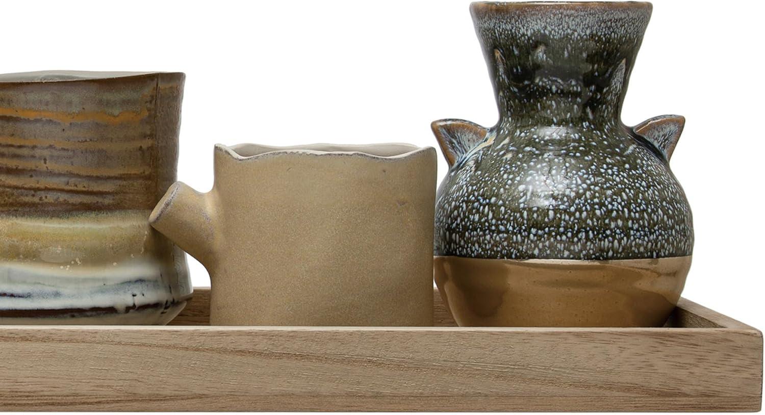 Creative Co-Op Mango Wood Tray with 3 Vases and 2 Planters, Multicolor Reactive Glaze, Set of 6