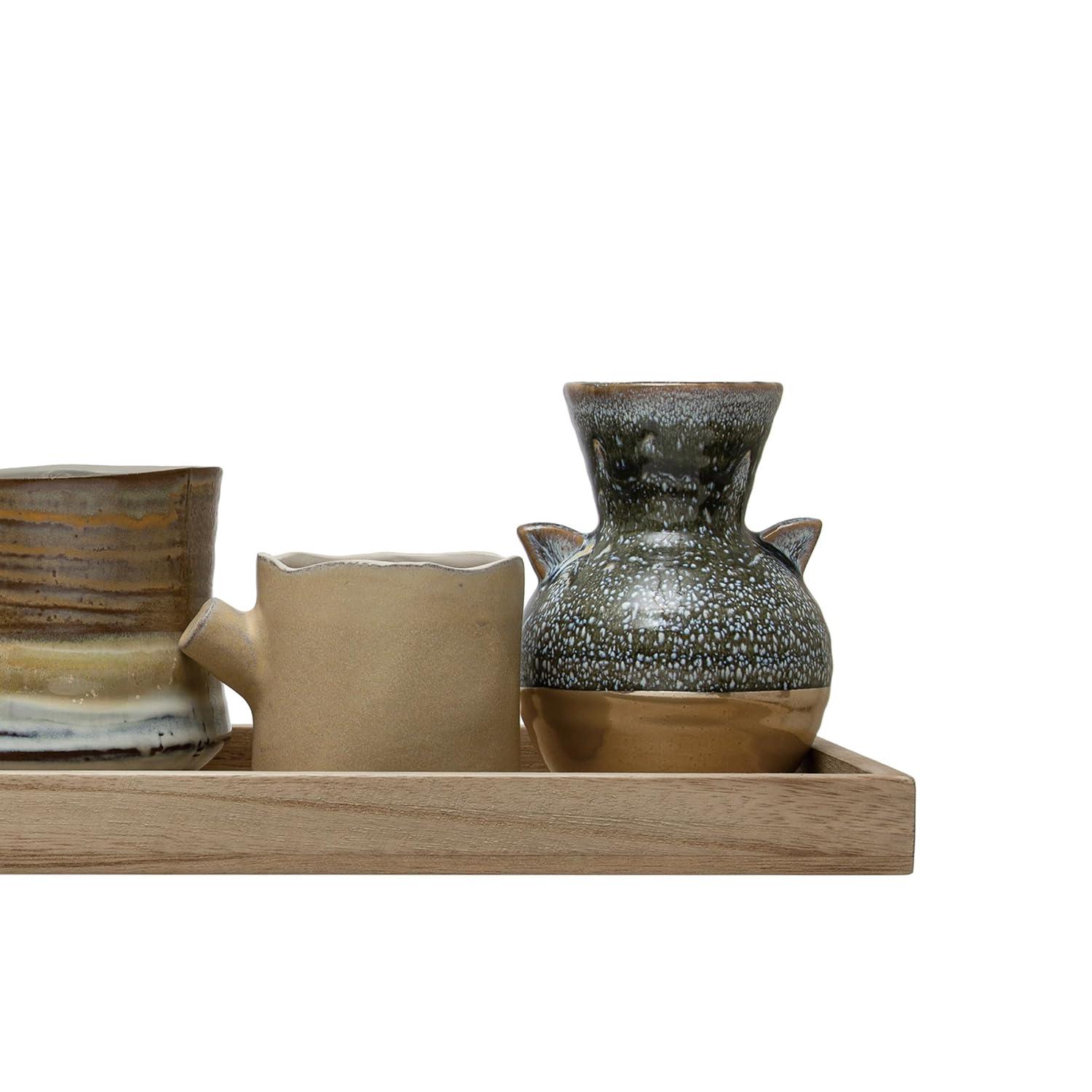 Creative Co-Op Mango Wood Tray with 3 Vases and 2 Planters, Multicolor Reactive Glaze, Set of 6