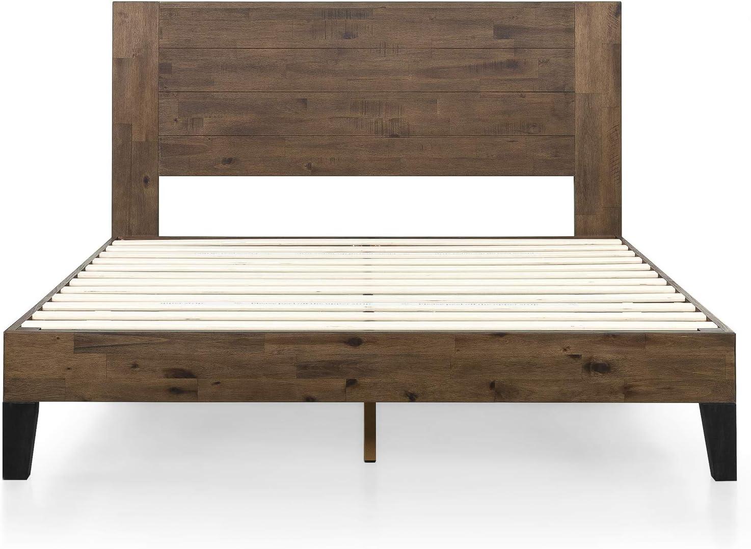 Queen Brown Wood Platform Bed Frame with Headboard and Slats