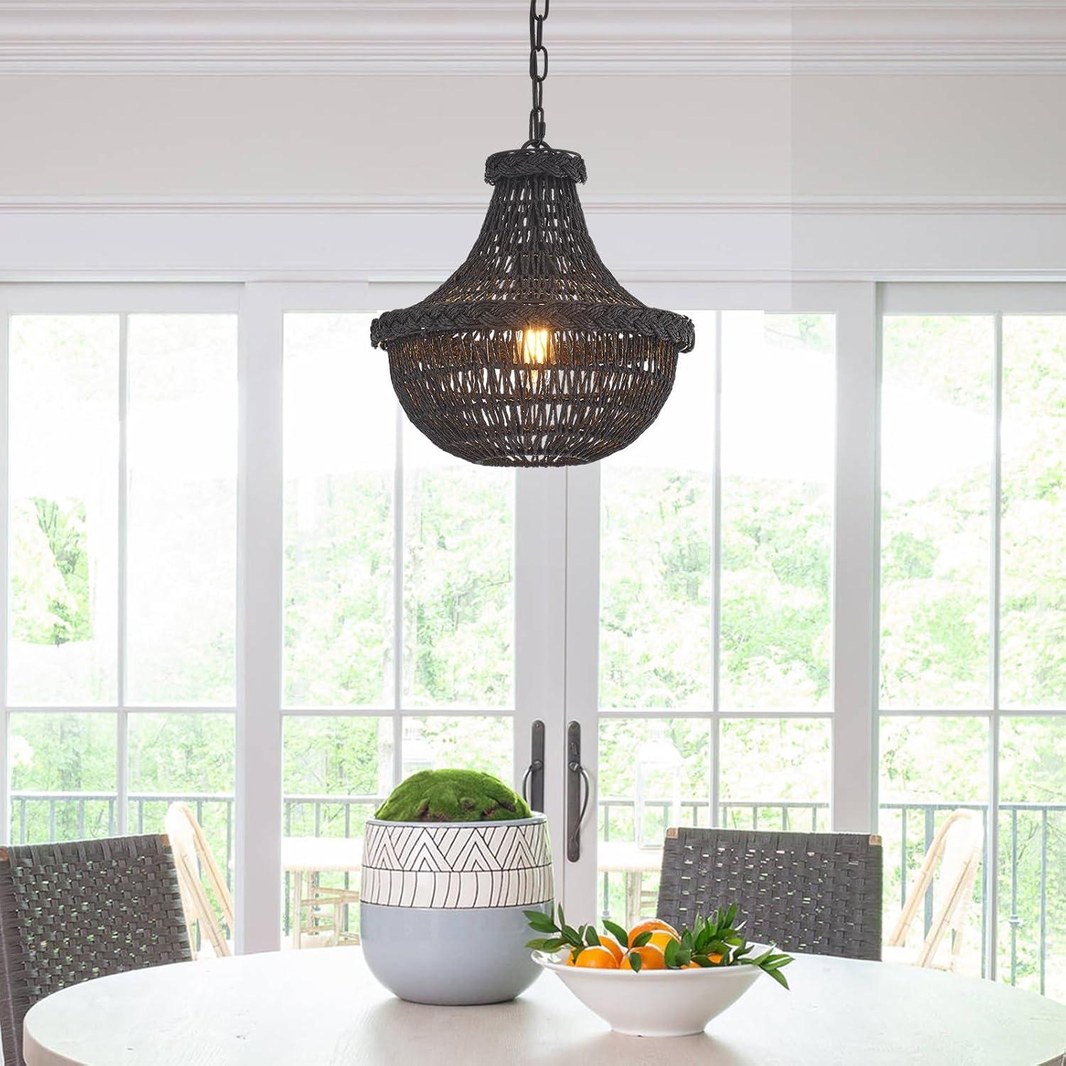19.69" Boho Black Rattan Chandelier Vintage 4-Lights Farmhouse Hand-Woven Bamboo Basket Chandelier Light Fixture Rustic Wicker Rattan Chandeliers for Dining Room, Kitchen, Living Room