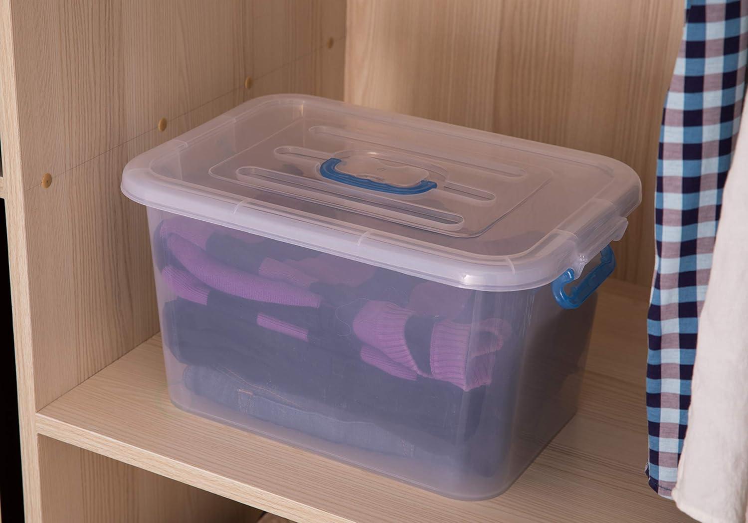 Large Clear Plastic Stackable Storage Box with Blue Handles