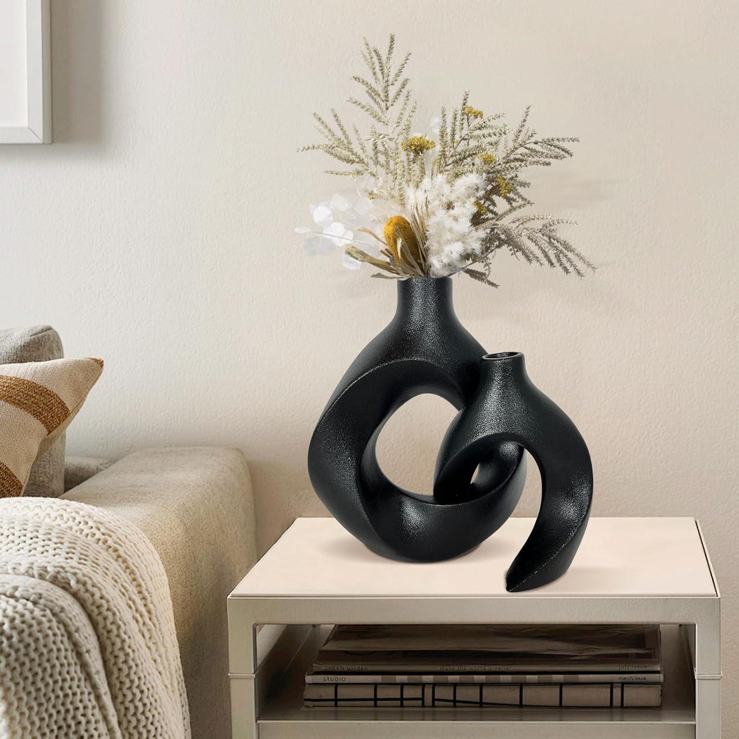 Matte Black Ceramic Decorative Vase Set with Curved Design