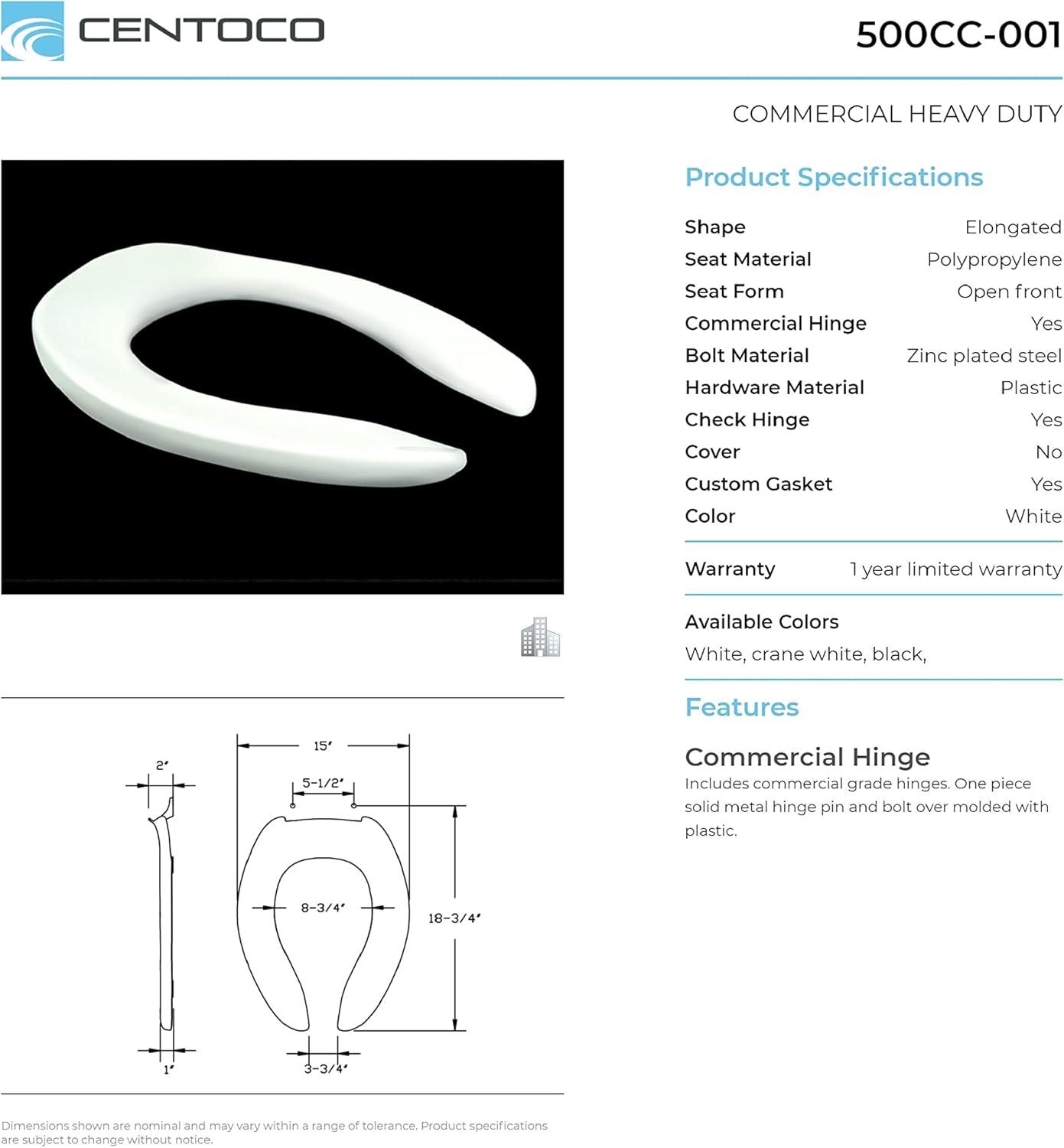 Centoco 500CC-407 Plastic Elongated Toilet Seat, Available in Various Colors