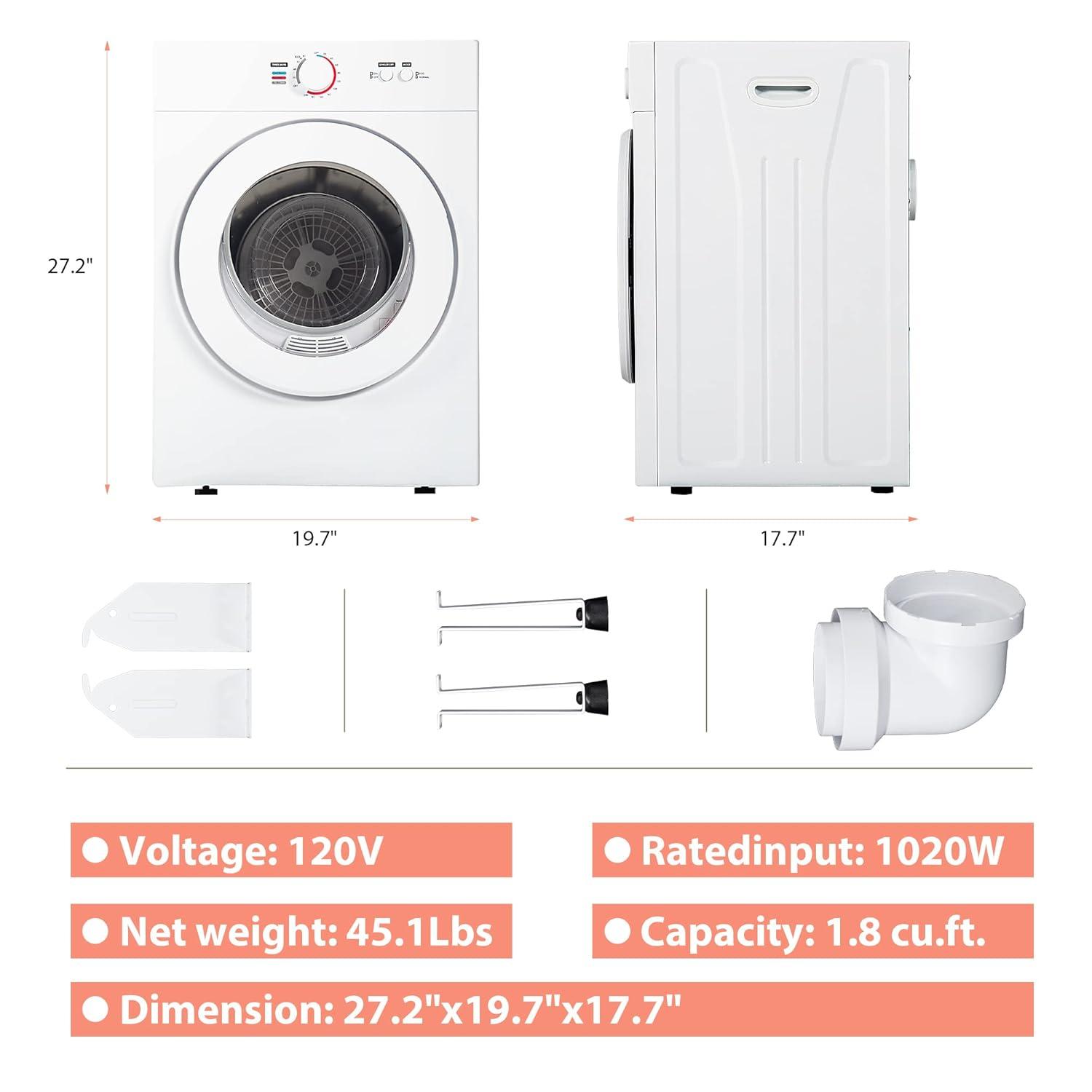Euhomy Compact Dryer 1.8 cu. ft. Portable Clothes Dryers with Exhaust Duct with Stainless Steel Liner Four Function Small Dryer Machine, Suitable for Apartments, Dorm, RVs, White