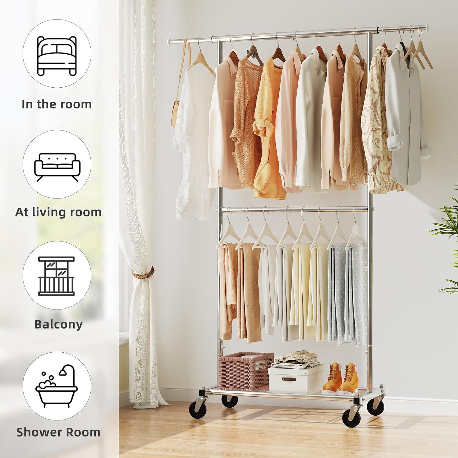 Clothes Rack, Rolling Garment Rack with Bottom Shelf and Rod, Versatile Clothing Coat Rack with Sturdy Metal Frame, Silver