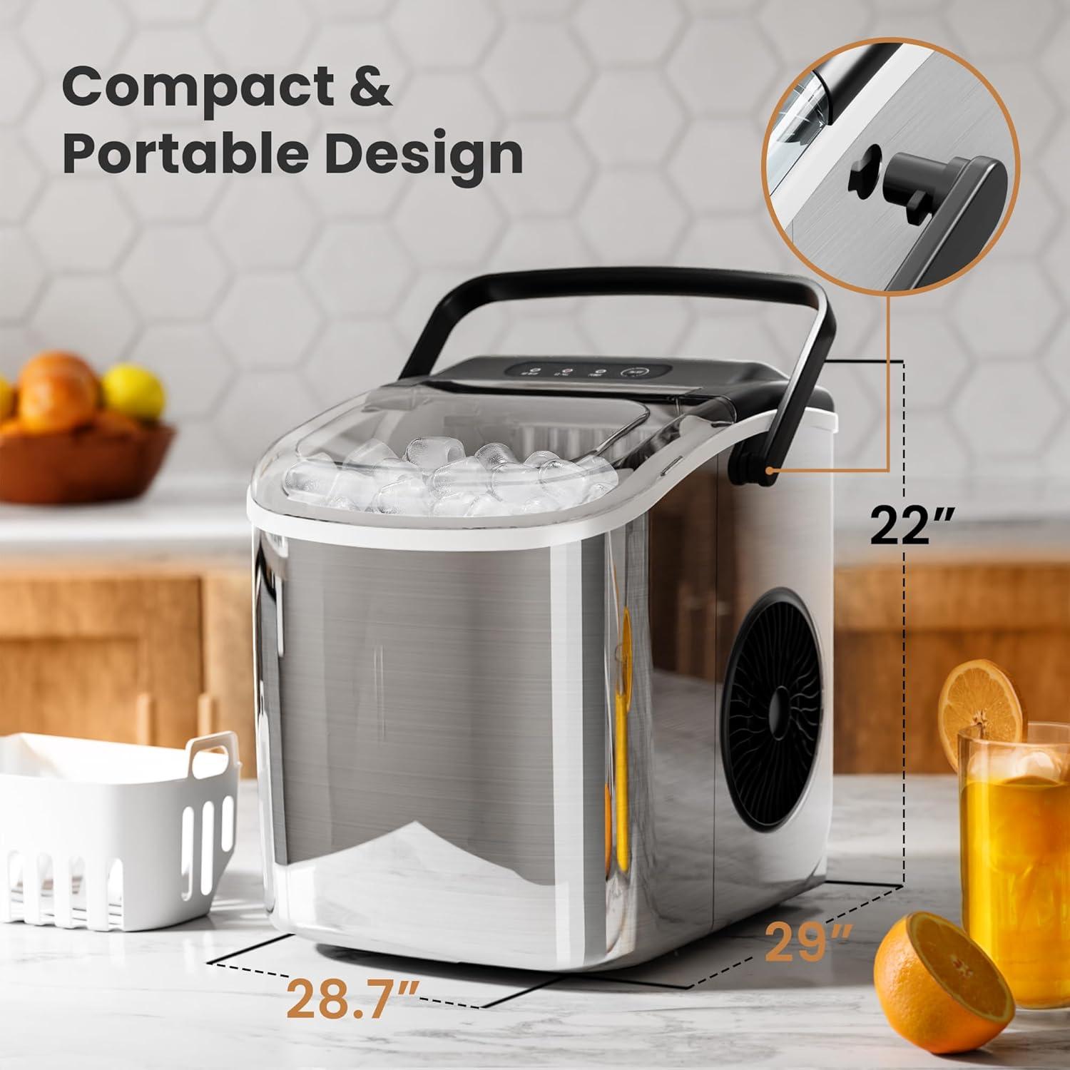 Compact White Stainless Steel Portable Countertop Ice Maker