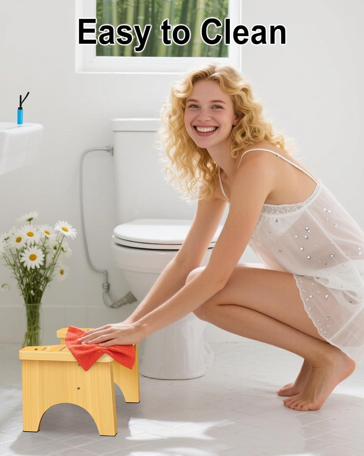 Bamboo Toilet Stool for Adults, 6.5" Toilet Stool Squat Adult Kids, Portable Simple Curve Squat Toilet Potty Stool, Non-Slip Poop Stool for Bathroom, Improve Squatting Posture and Comfort (Wood)