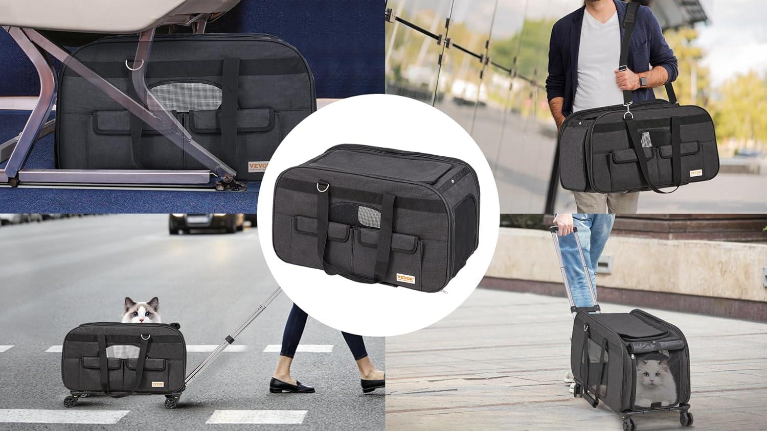 VEVOR Large Cat Dog Carrier with Wheels for Under 35lbs, Rolling Pet Carrier with Upgraded Wheels, Foldable Wheeled Dog Travel Carrier (Not for Airline)