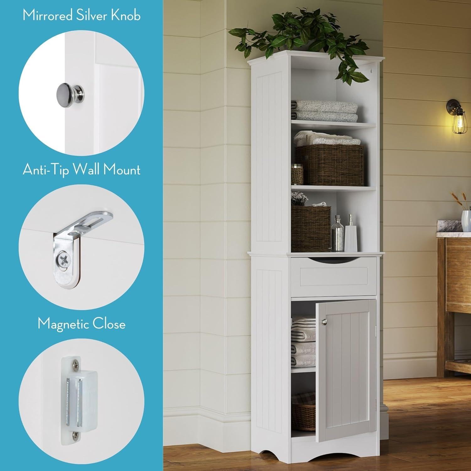 RiverRidge Ashland Tall Bathroom Storage Linen Cabinet and Organizer with Drawer and Shelves