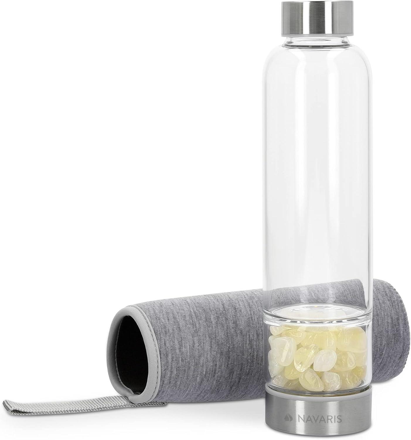 Navaris Crystal Water Bottle - 14oz Glass Gemstone Drink Bottle with Loose Natural Gem Stones - Available with Different Type Stones