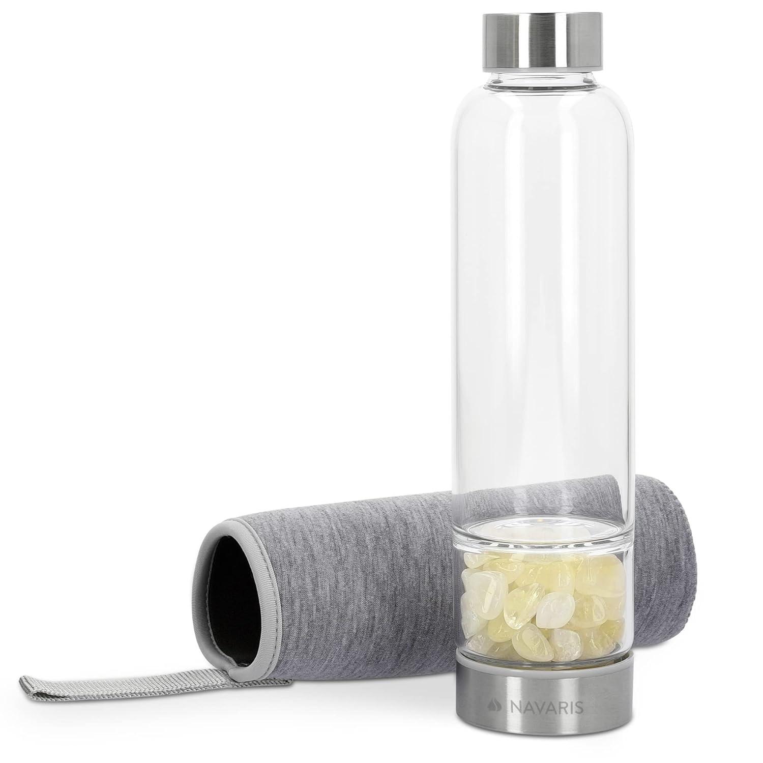Navaris Crystal Water Bottle - 14oz Glass Gemstone Drink Bottle with Loose Natural Gem Stones - Available with Different Type Stones