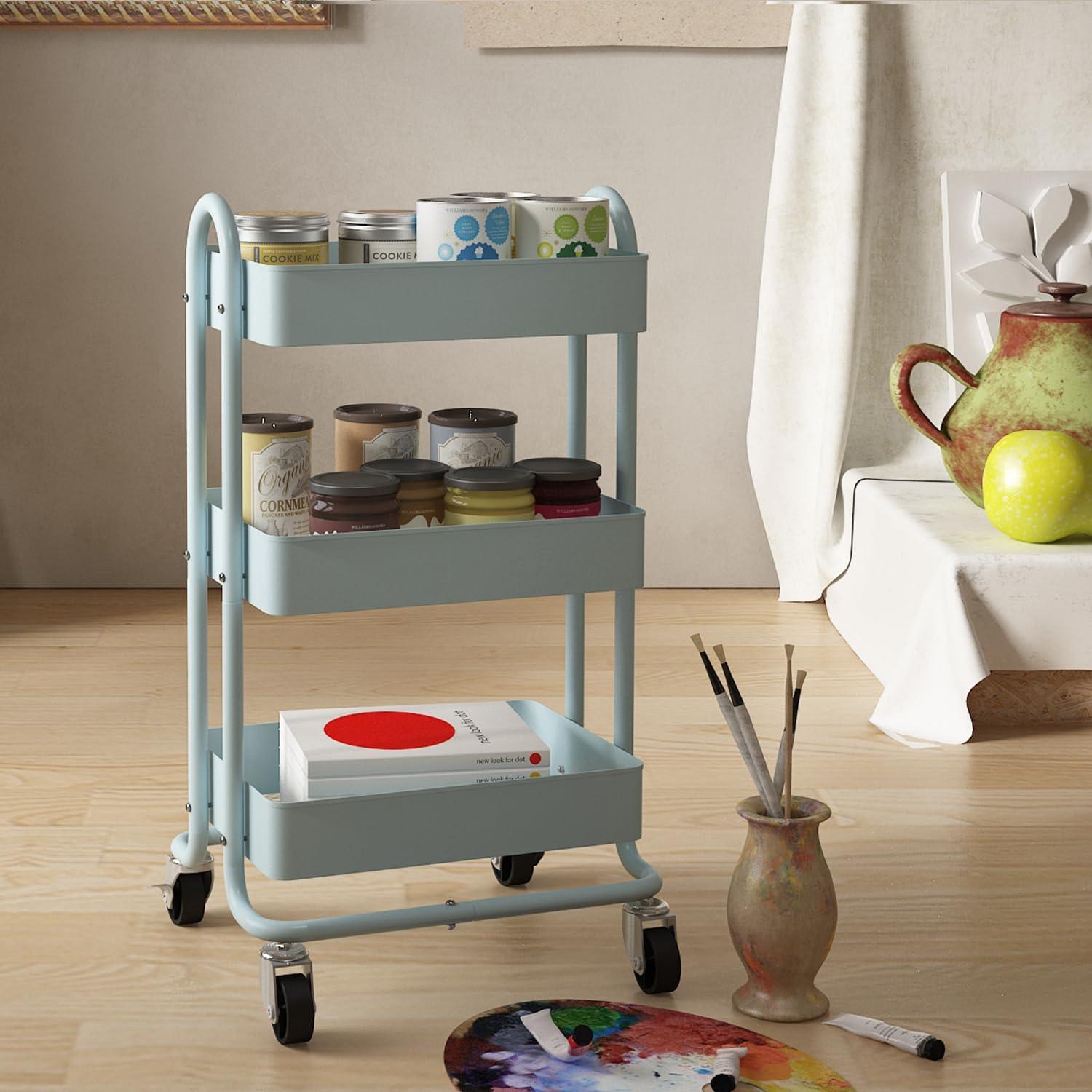 3-Tier Rolling Cart with Wheels,Kitchen Storage Carts or Metal Rolling Utility Cart with Handle,Movable Storage Organizer,Blue Carts for Nursery, Kitchen, Bathroom, Craft Room（13.4"x18.1"x31"）