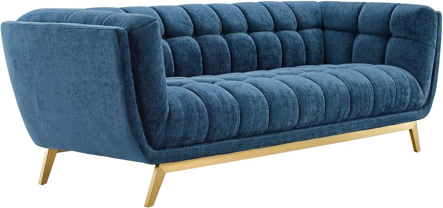 Elegant Navy Velvet Tufted Sofa with Brushed Gold Legs
