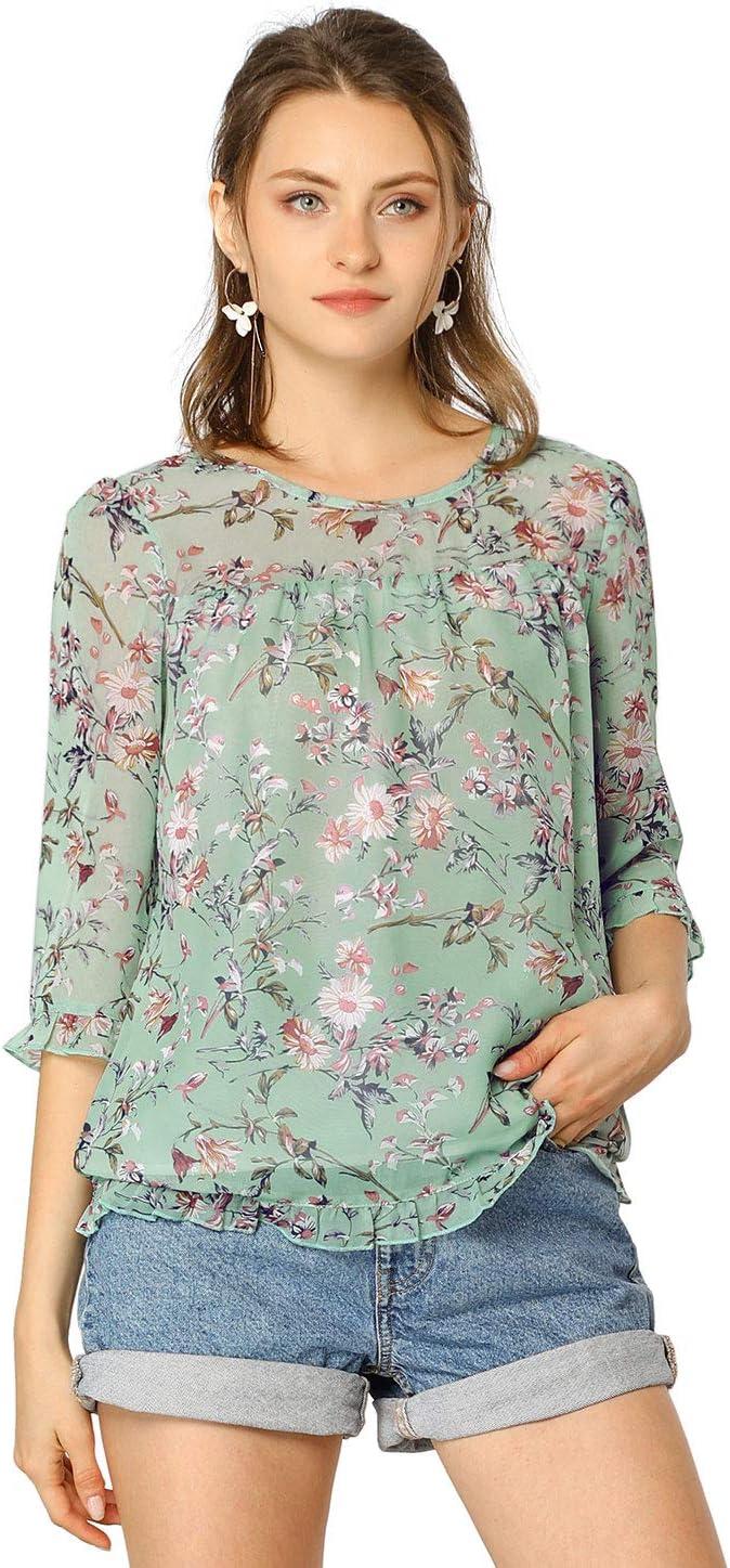 INSPIRE CHIC Women's 3/4 Sleeves Floral Chiffon Ruffle Hem Summer Shirt Blouses Tops XS Green