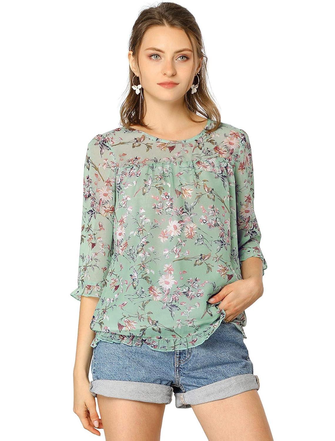 INSPIRE CHIC Women's 3/4 Sleeves Floral Chiffon Ruffle Hem Summer Shirt Blouses Tops XS Green