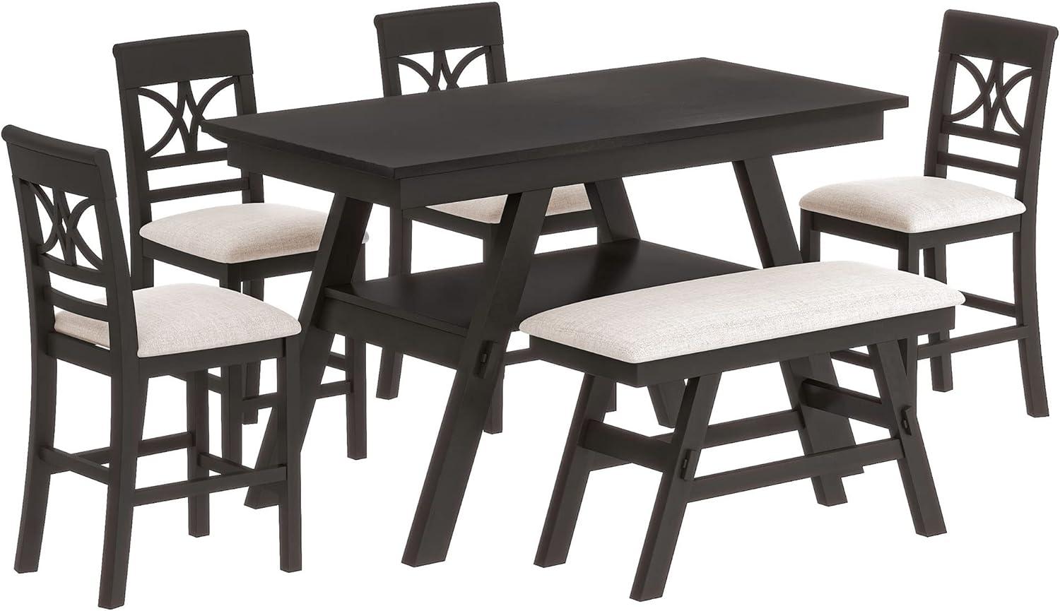 Espresso 6-Piece Counter Height Dining Set with Beige Cushions