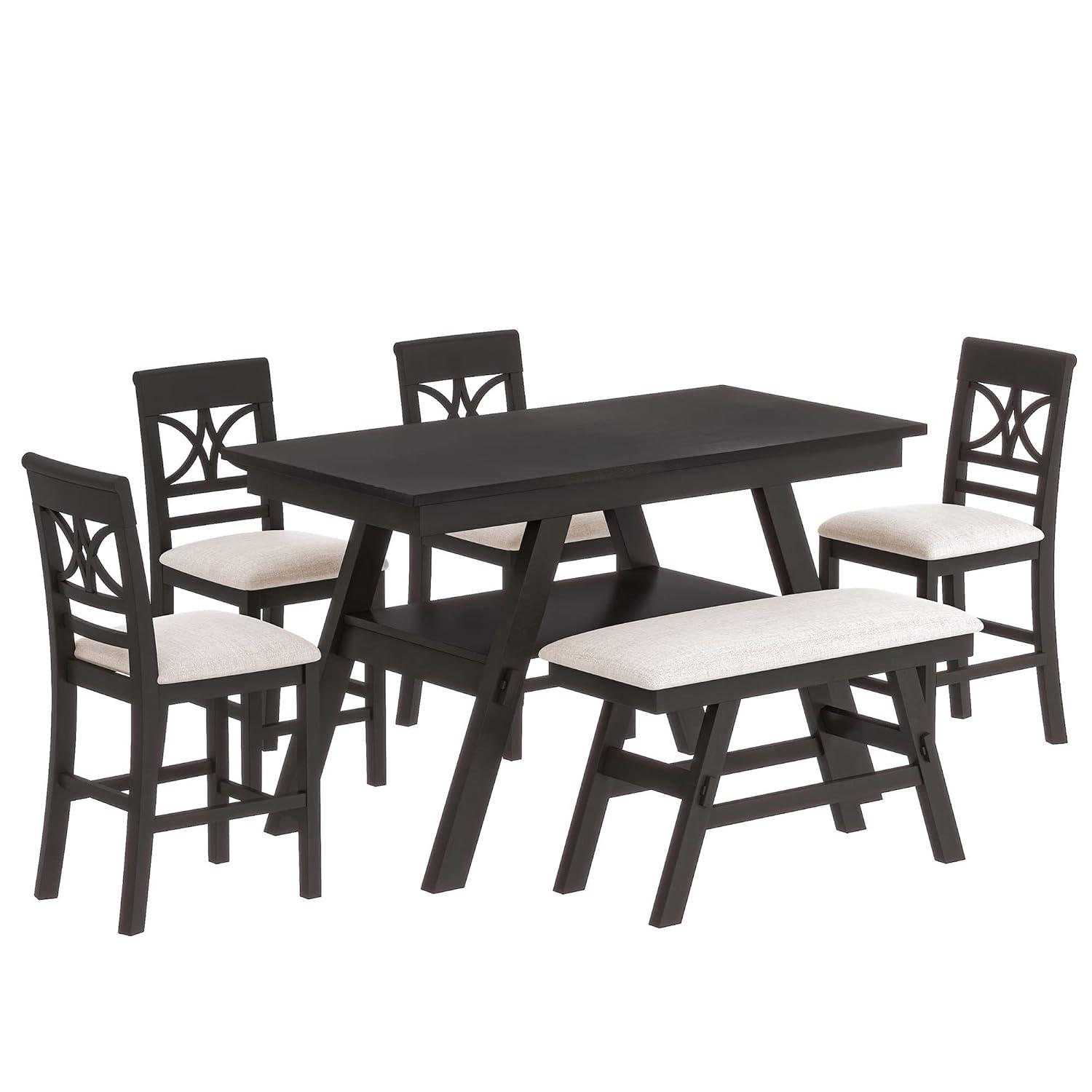 6-Piece Wood Counter Height Dining Table Set with Storage Shelf, 4 Beige Cushion Chairs and Bench, Rustic Style, Espresso