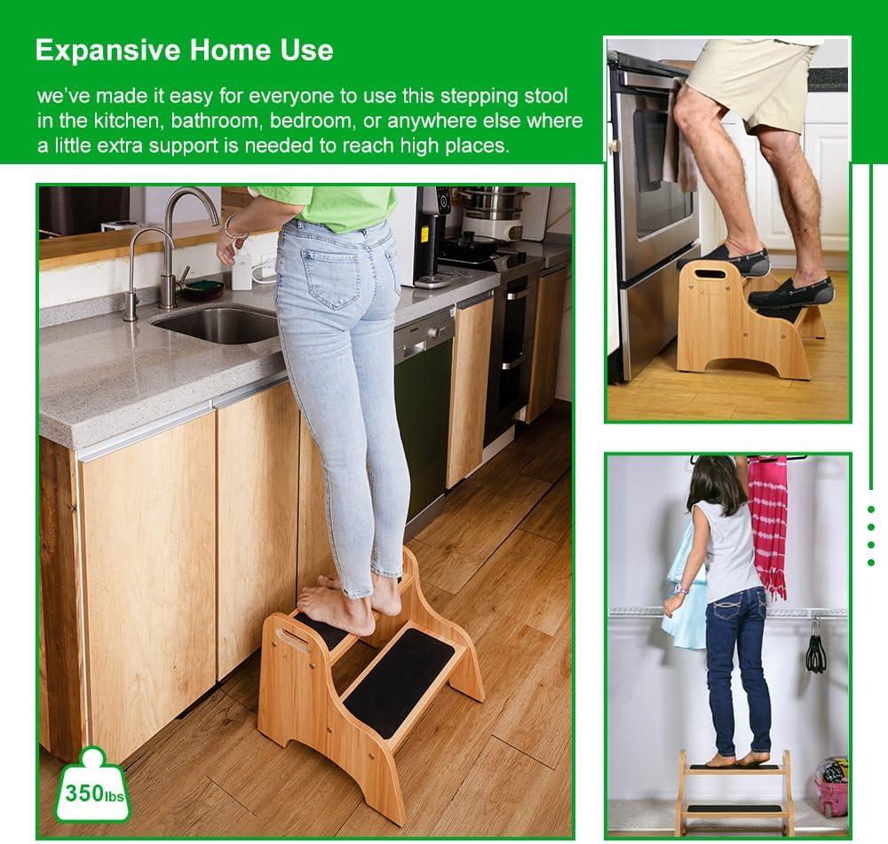 StrongTek Wood 2 Step Stool with Non-Slip Stepping Surface and Portable Handles, Multipurpose Heavy-Duty Support (300 LBS Capacity)